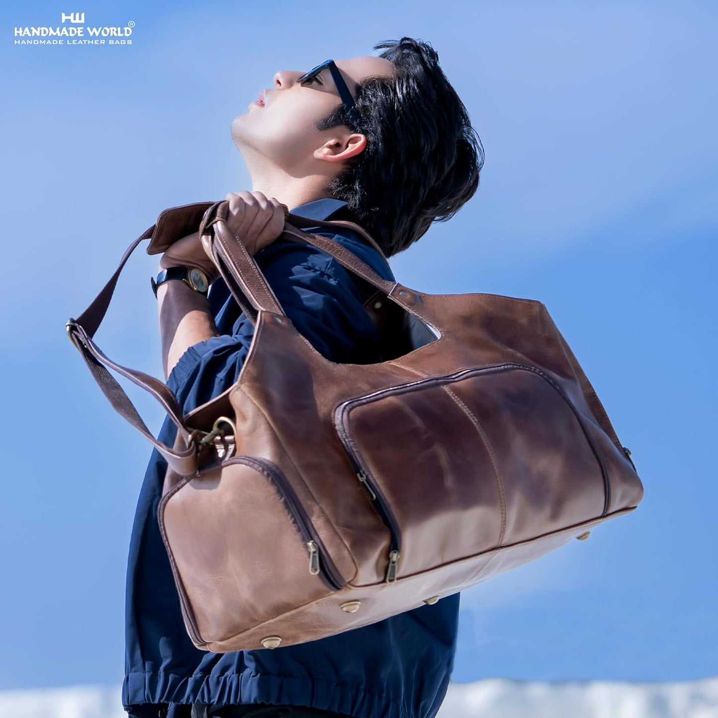 Handmade World Leather Travel Duffel Bags for Men and Women Full Grain Handcrafted Overnight Weekend Bags Sports Gym Duffle ' Leather Wanderer ' Versatile Business Travel Luggage