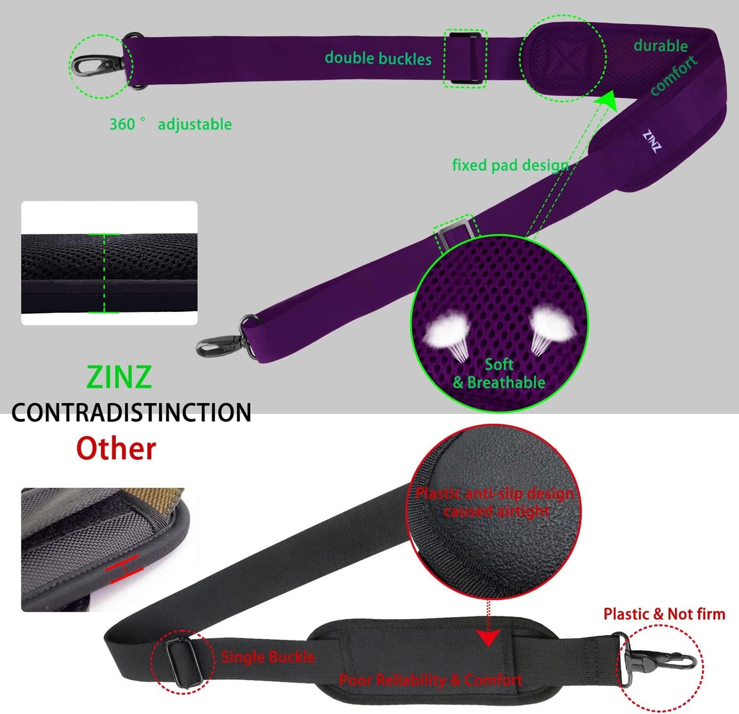 ZINZ 79 inch Shoulder Strap, Extra-thick Fixed Cushion Pad and Dual Clasps Universal Replacement