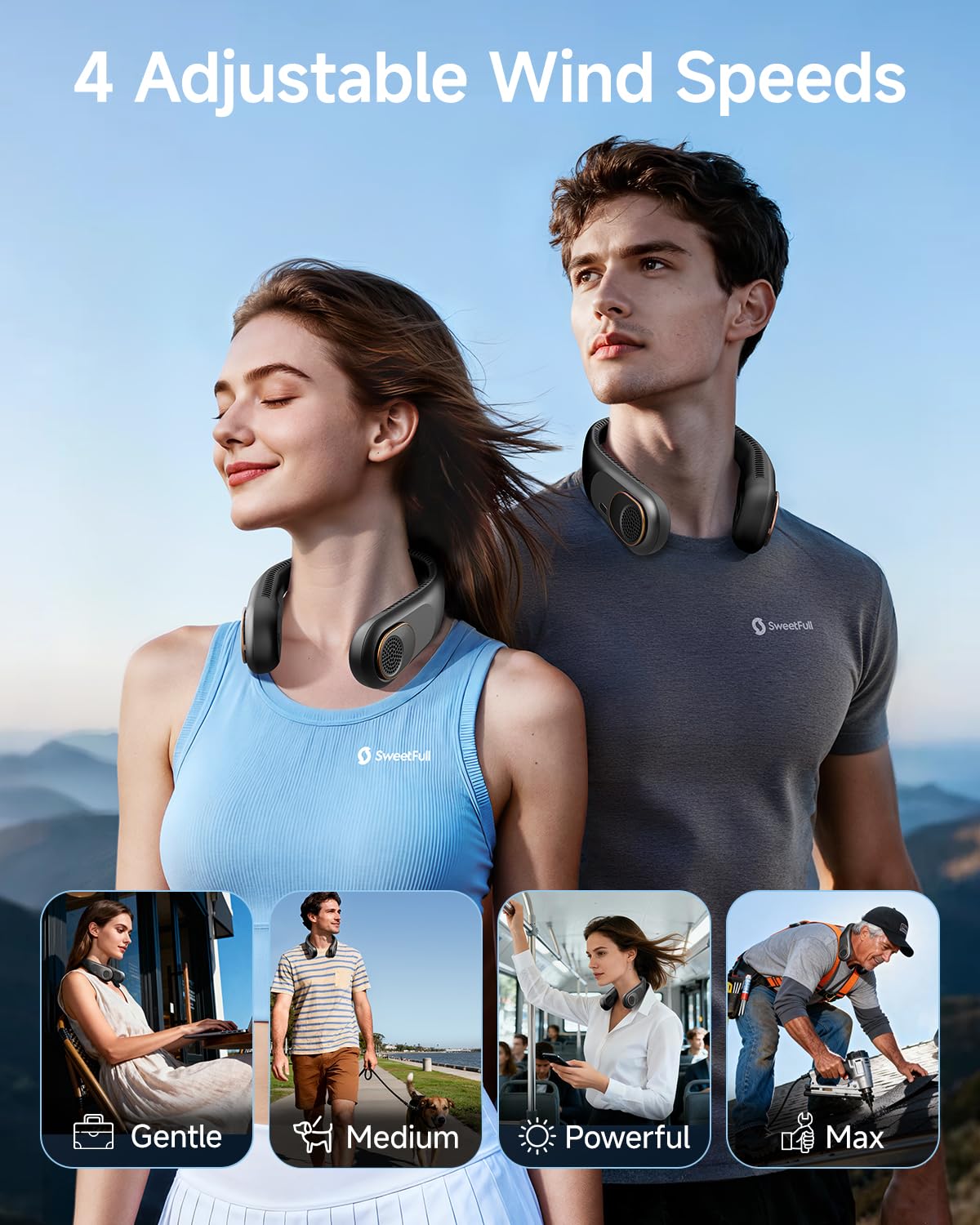 SWEETFULL Portable Neck Fan: 5200mAh Bladeless Personal Fan | 4 Speeds, 20H Max Runtime, No Hair