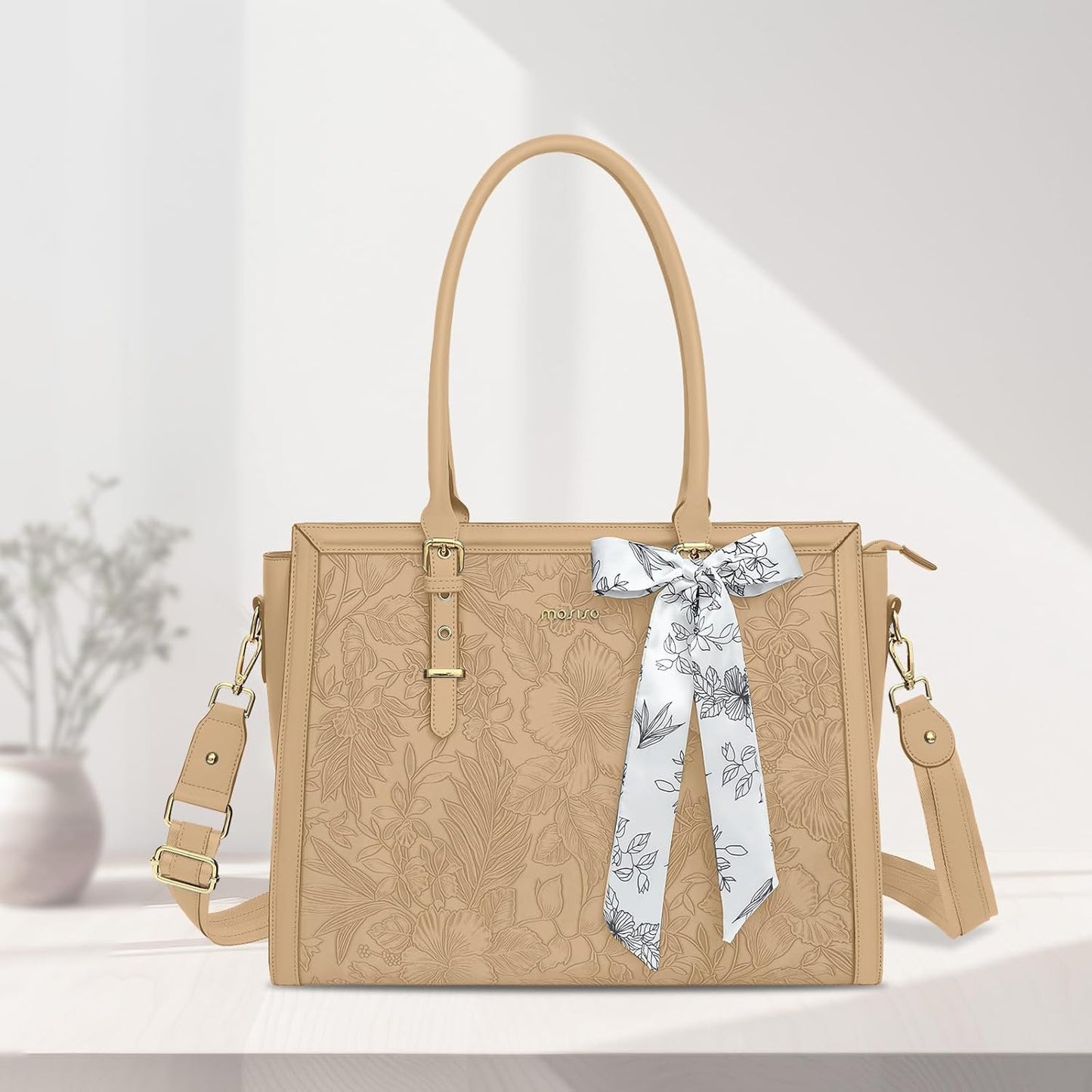 MOSISO Laptop Bag for Women, PU Leather Tote Bag, Front Embossed Retro Hibiscus Computer Bags with Silk Scarf&Clutch Purse