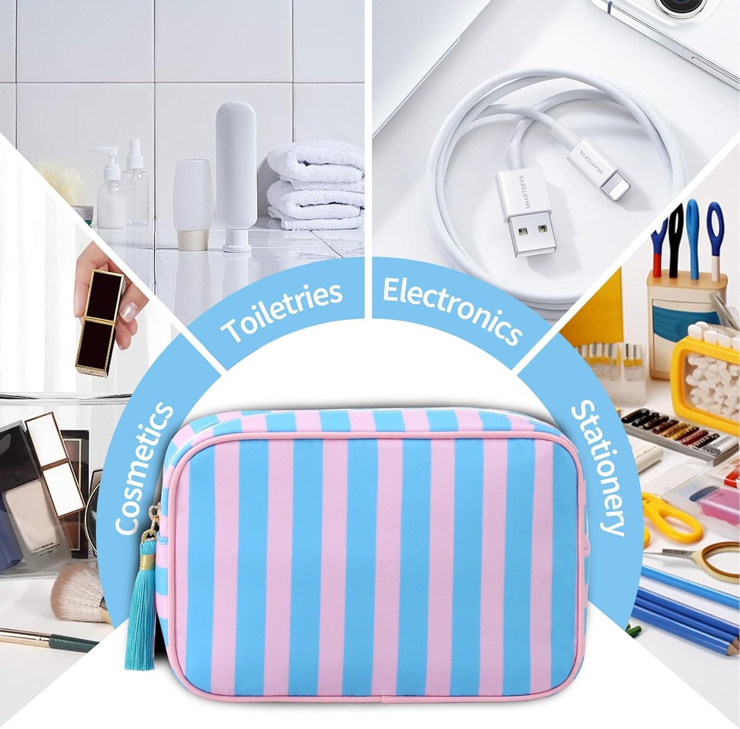 Stripe Makeup Bag Travel Cosmetic Bag Organizer Tassel Toiletry Bag Large Canvas Zipper Pouch and Accessories Storage Bag for Women