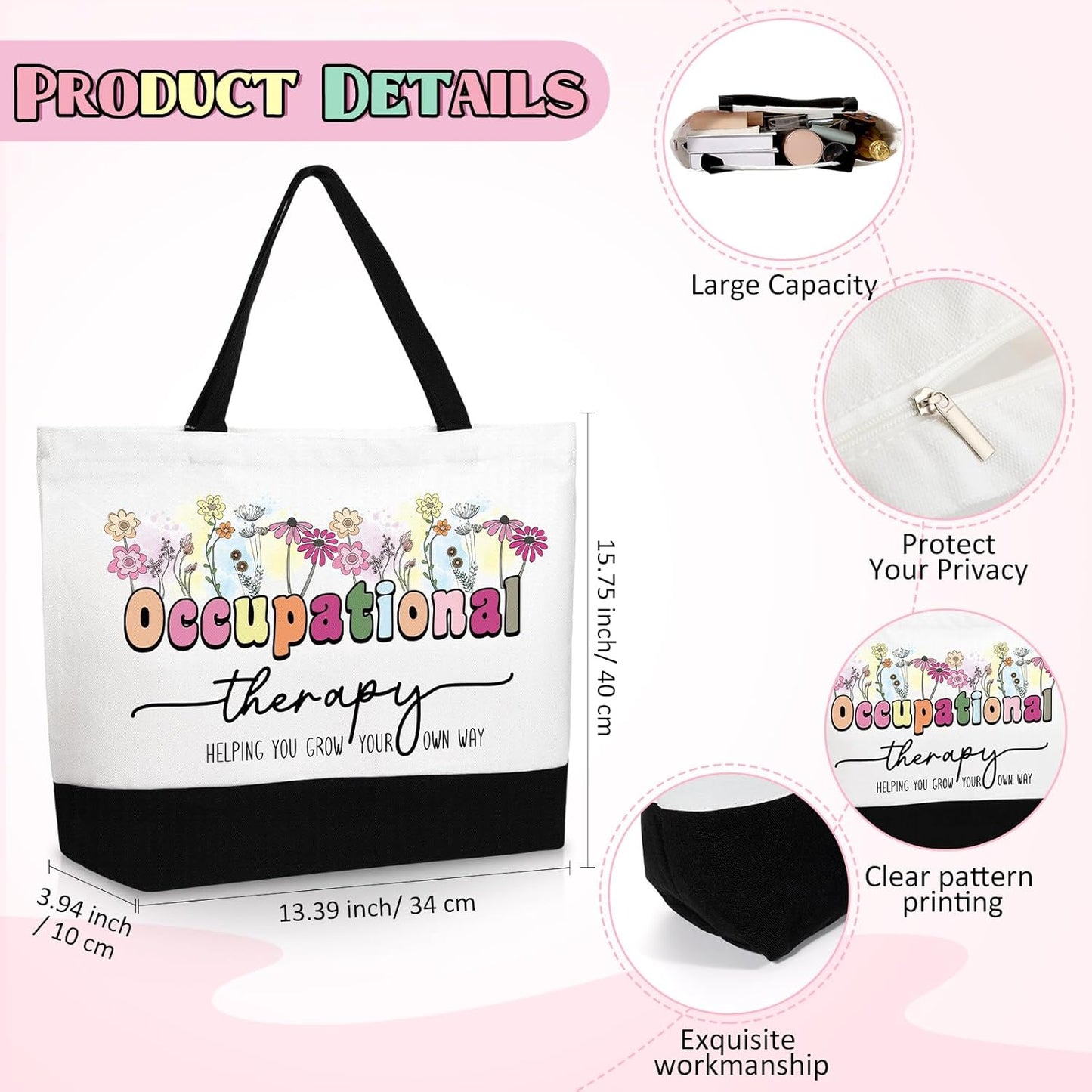 Kacctyen 3 Pcs Occupational Therapy Gifts Canvas Tote Bag Mental Healthy Makeup Cosmetic Bag Psychology Appreciation Keychains OT Gifts for Women Therapists Birthday Christmas