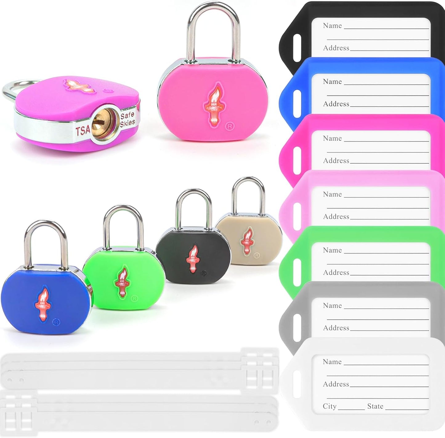 Lock for Luggage TSA Approved and 6 Tags, Luggage Lock with Key and Chrome Ring Around Body, Suit for Suitcase,Luggage,Backpack,Laptop Bag,Locker 6 Pack Color Mixed