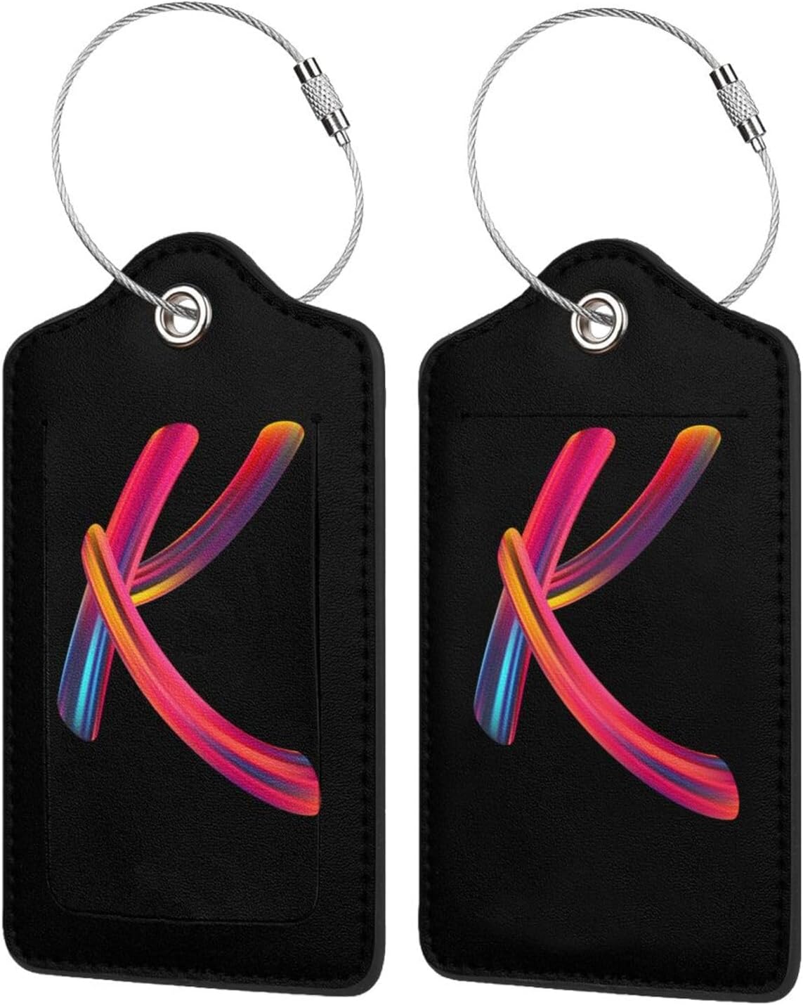 2 Pack Initial Luggage Tags for Suitcase, Colorful Letter Design Cruise Name Bag Tags, Novelty Baggage Identifiers with Full Privacy Cover, Leather ID Label for Women Men Kids Travel, Rainbow Letter K