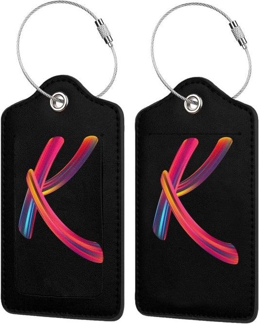 2 Pack Initial Luggage Tags for Suitcase, Colorful Letter Design Cruise Name Bag Tags, Novelty Baggage Identifiers with Full Privacy Cover, Leather ID Label for Women Men Kids Travel, Rainbow Letter K