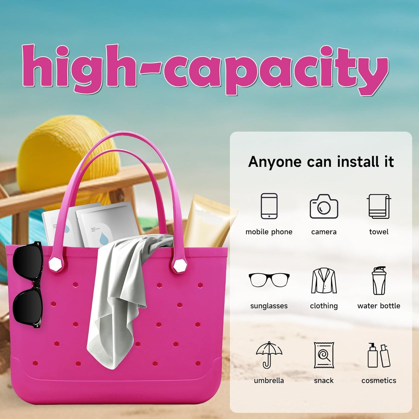 CXY Rubber Beach Bag, Waterproof Travel Tote bag for Women Outdoor Summer Beach Tote Washable Bag Open Handbag for Daily
