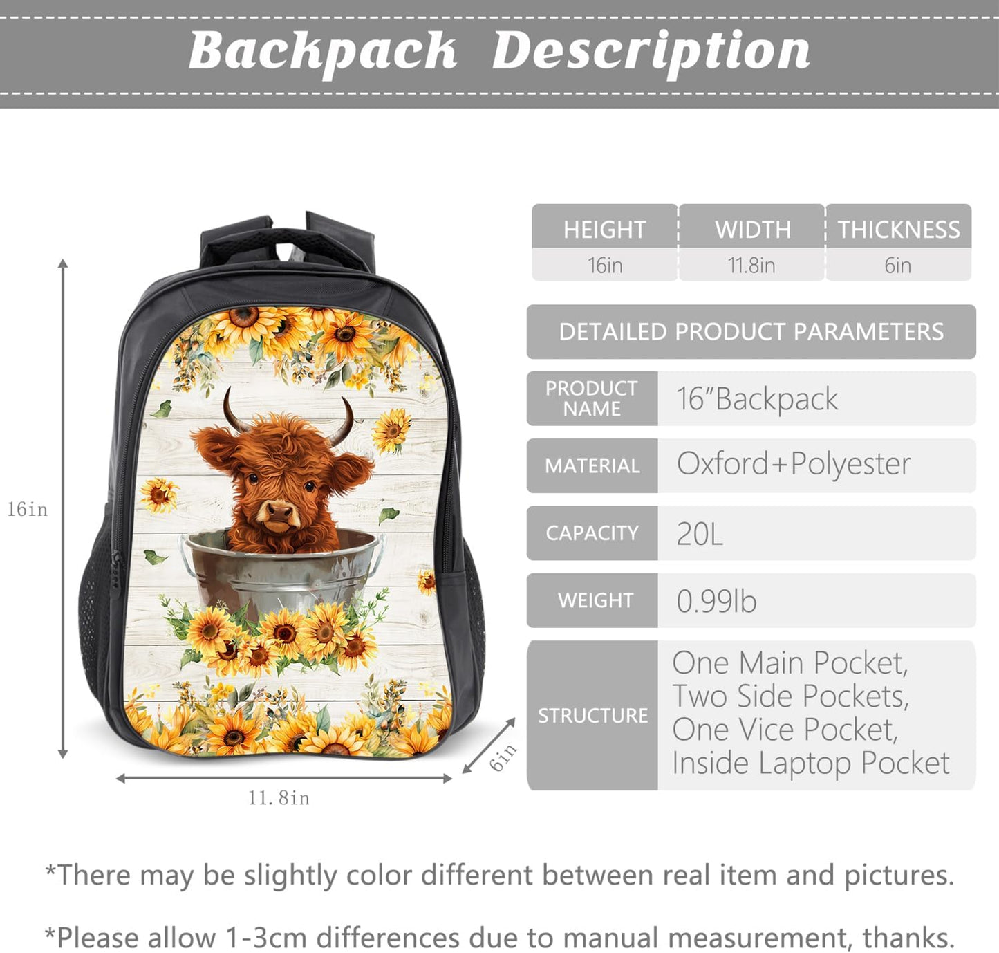 Highland Cow Backpack Sunflower Kids Bookbag 16inch Schoolbag With Lunch Box Bag And Pencil Case Set For Boys Girls