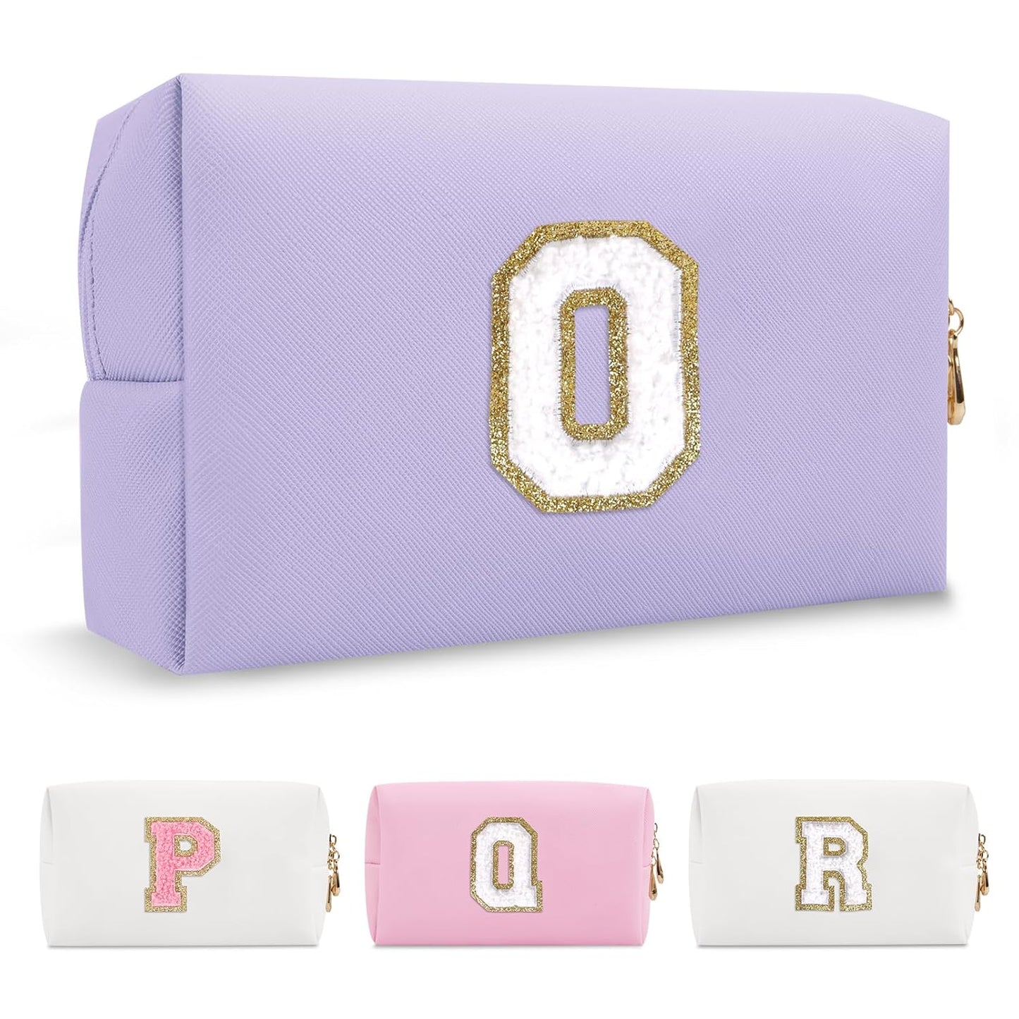 Personalized Makeup Bag Initial A-Z Preppy Patch Bag,Small PU Leather Travel Cosmetic Bag Pouch with Zipper,Purple Cute Toiletry Bag,Gift Ideal for Teen Girls Women Birthday Friend Mom,Latter O