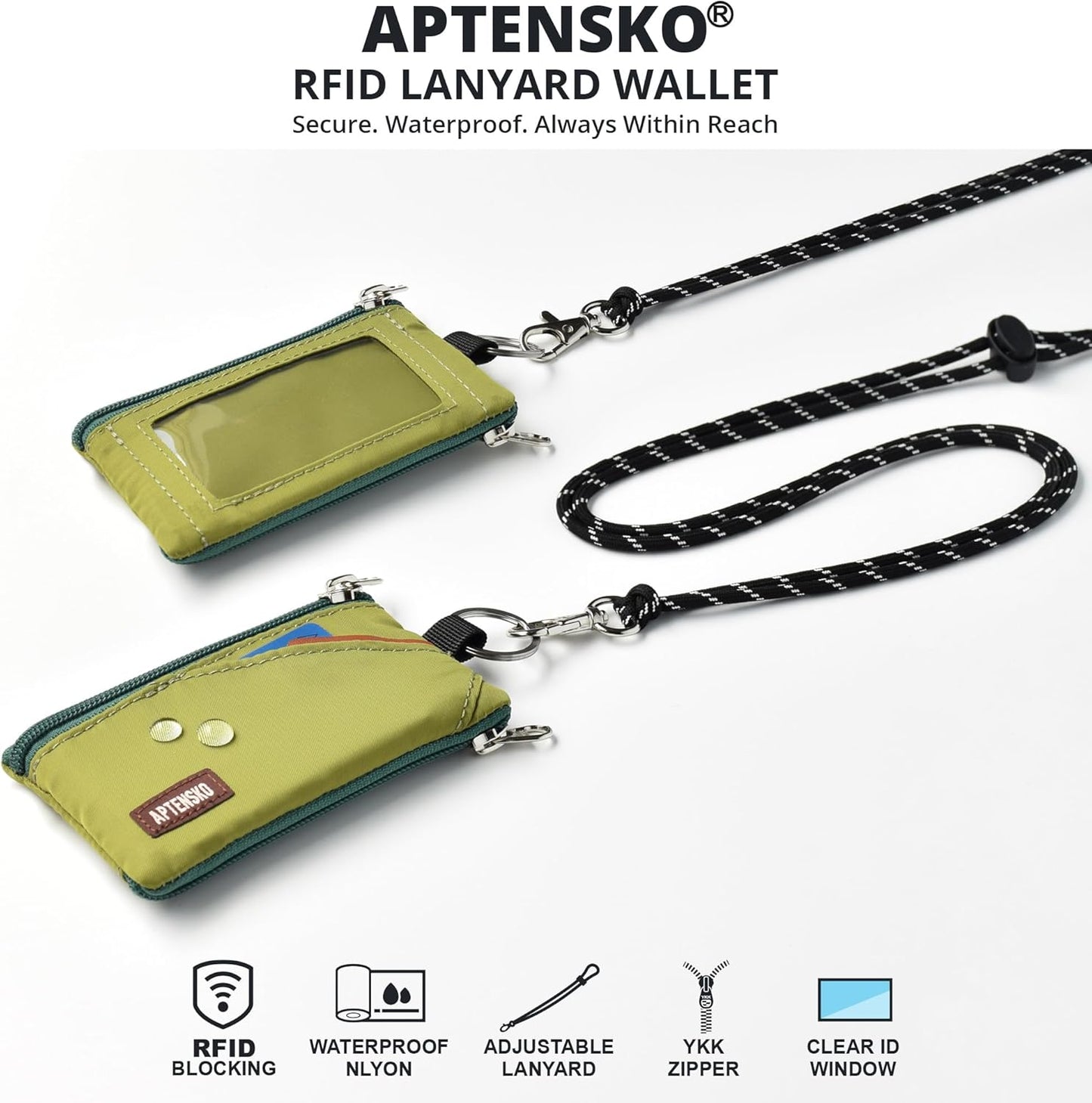 RFID Travel Wallet with Adjustable Lanyard-Zipper Small Wallet with ID Card Holder, Keychain for women&men-Minimalist Slim Waterproof Nylon case for ID, Cash, Key (Olive Green)