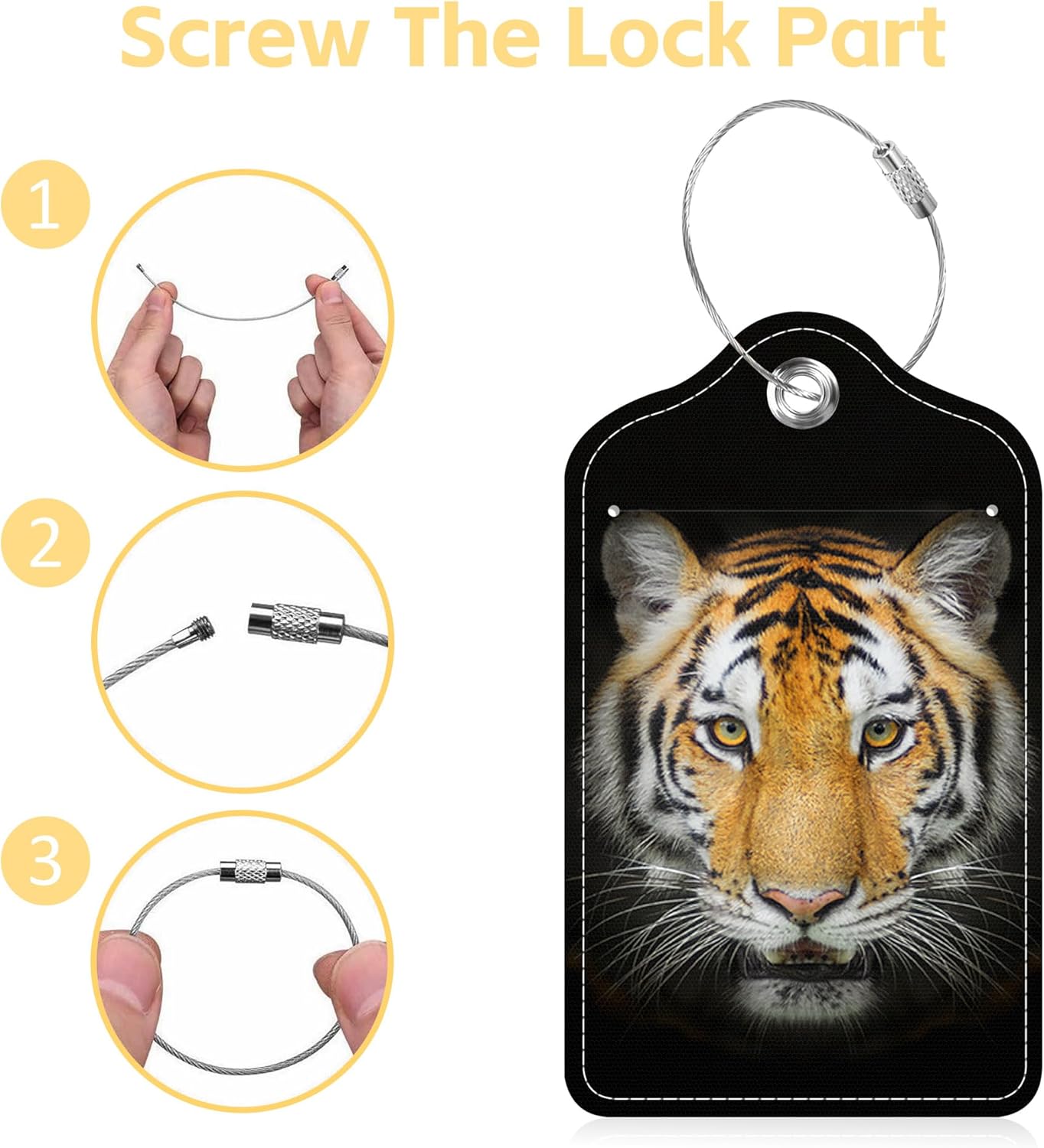 Set of 2 Luggage Tags Tiger Face Leather Suitcases Tag with Privacy Cover Stainless Steel Loop and Address Card for Women Men Travel
