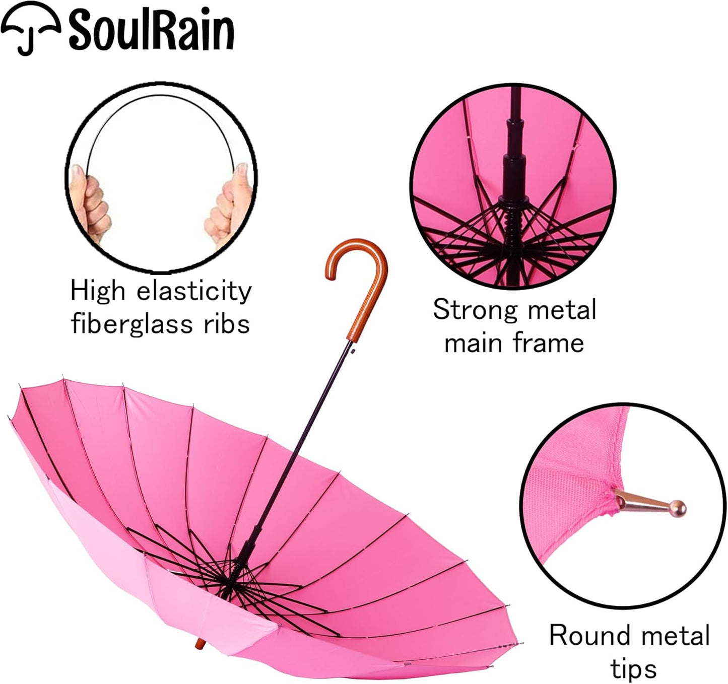 SoulRain 16 Ribs 48" Stick Umbrella Auto Open Solid Color Fashionable and Simple，Arc Classic Wood Handle，Windproof Unbreakable Stick Rain Umbrella