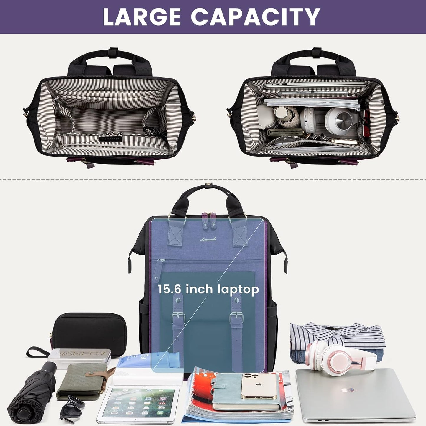 LOVEVOOK Backpack for Women, Teacher Work Bag Laptop Backpack, Nurse Bags Business Laptop Bag, College Backpack Purse, Travel Back Pack, 15.6 Inch, Black-Purple
