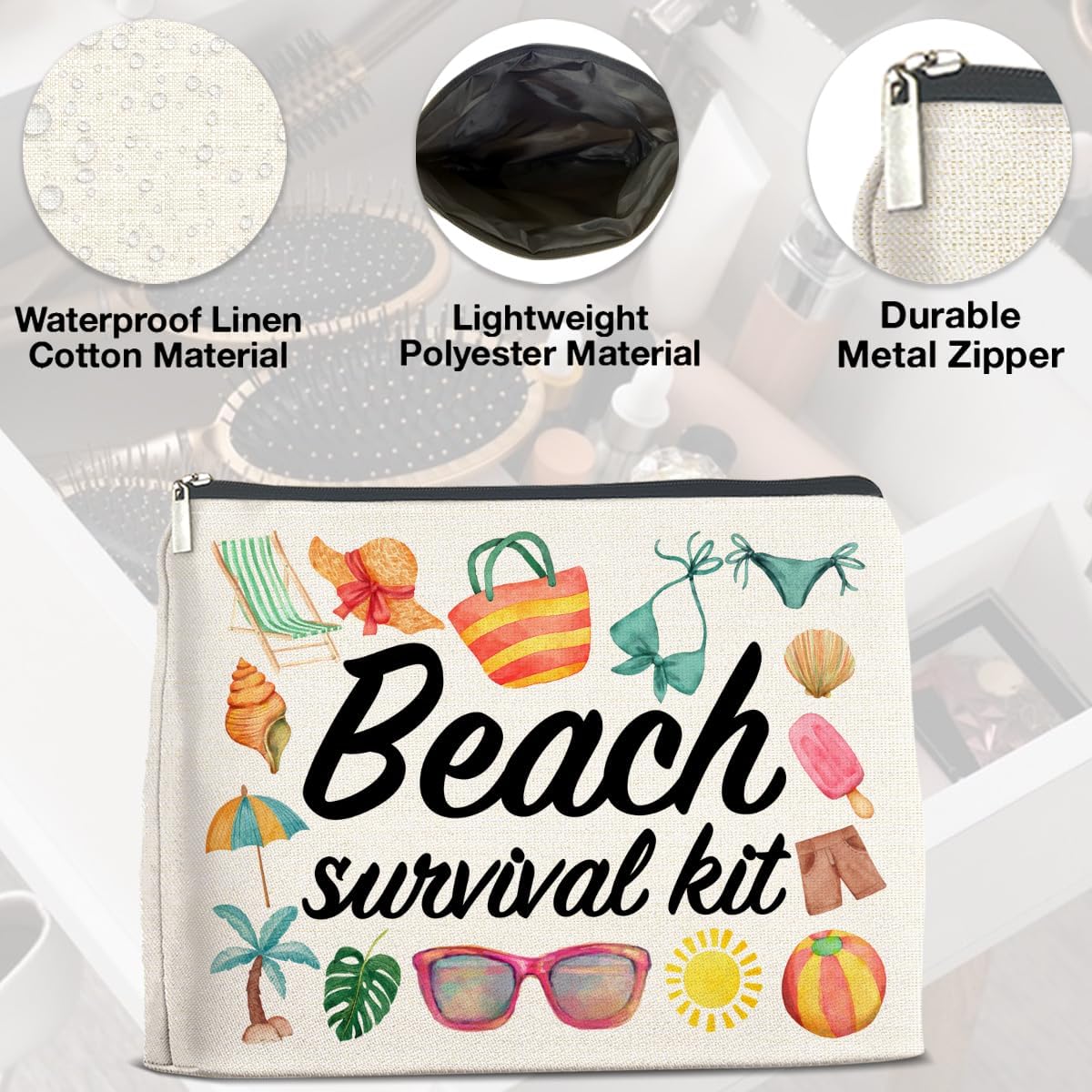 Beach Survival Kit Makeup Bag Beach Travel Gifts for Women, Multicolor Cosmetic Case