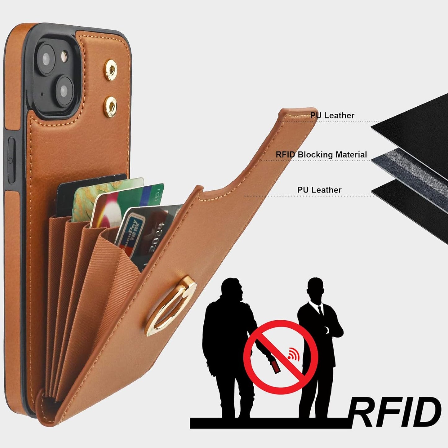 Folosu Compatible with iPhone 14 Plus Case Wallet with Card Holder, 360°Rotation Finger Ring Holder Kickstand, RFID Blocking Leather Protective Double Buttons Shockproof Cover 6.7 Inch Brown