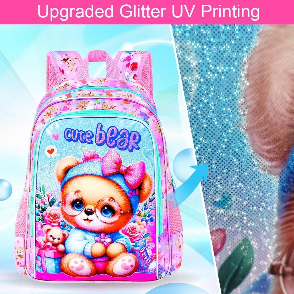 KLFVB 3PCS Girls Bear Bookbag, Water Resistant Kids Backpack with Lunch Box, 16" Preschool Backpacks for Elementary - Bear Pink