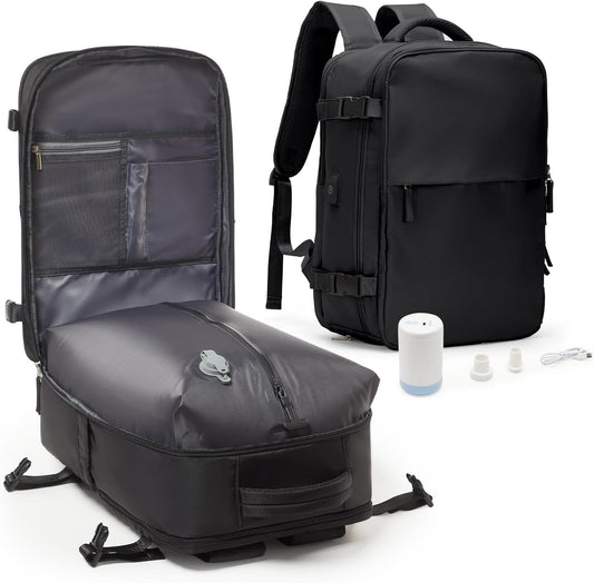 suwasp Vacuum Compression Backpack, 45L Expandable Travel Backpack with Electric Vacpack Pump, Travel Vacuum Bags with Shoe Compartment/17inch Laptop Compartment/Waterproof Pocket, Black