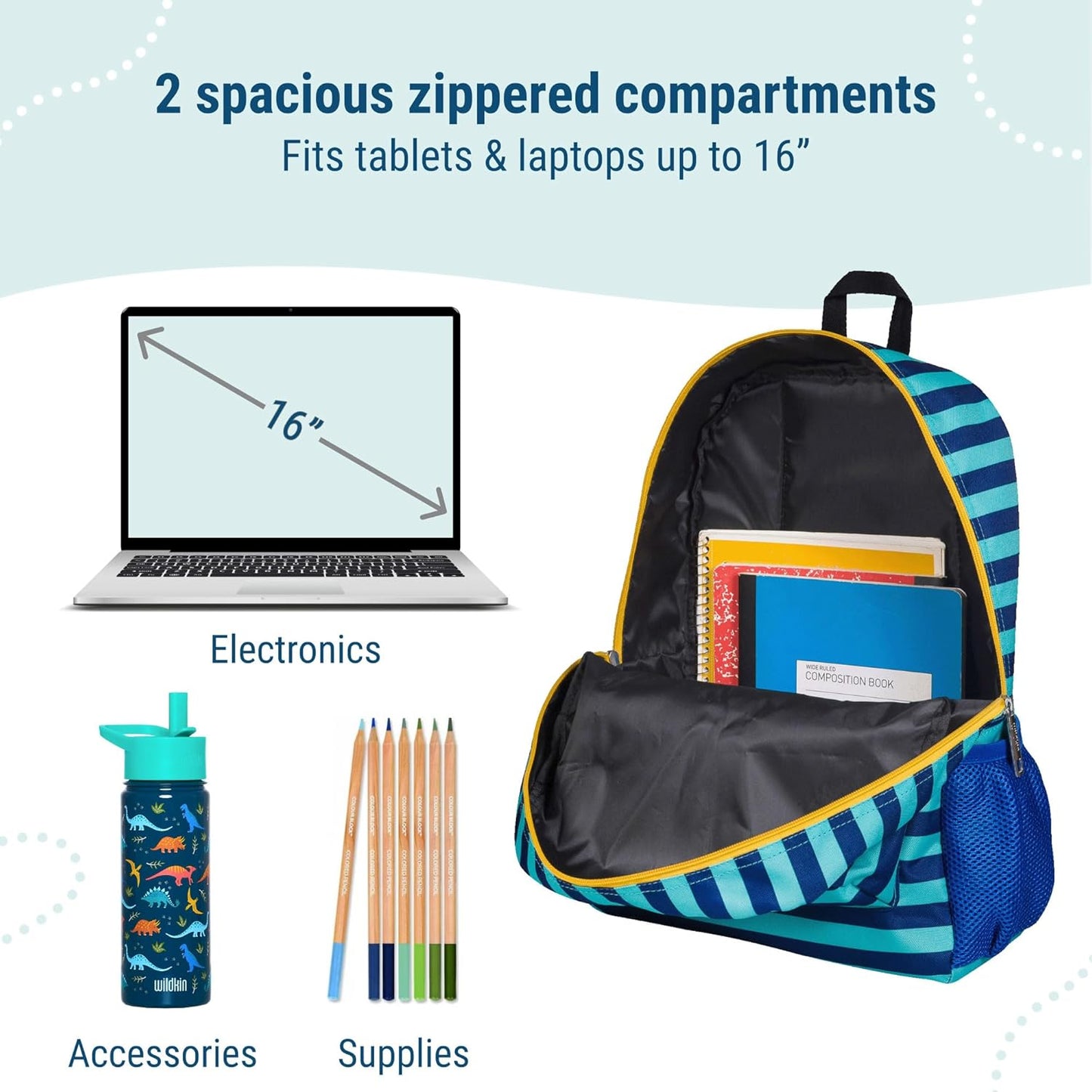 Wildkin 16-inch Kids Backpack – Durable, Padded & Spacious School Bag for Boys & Girls - Blue