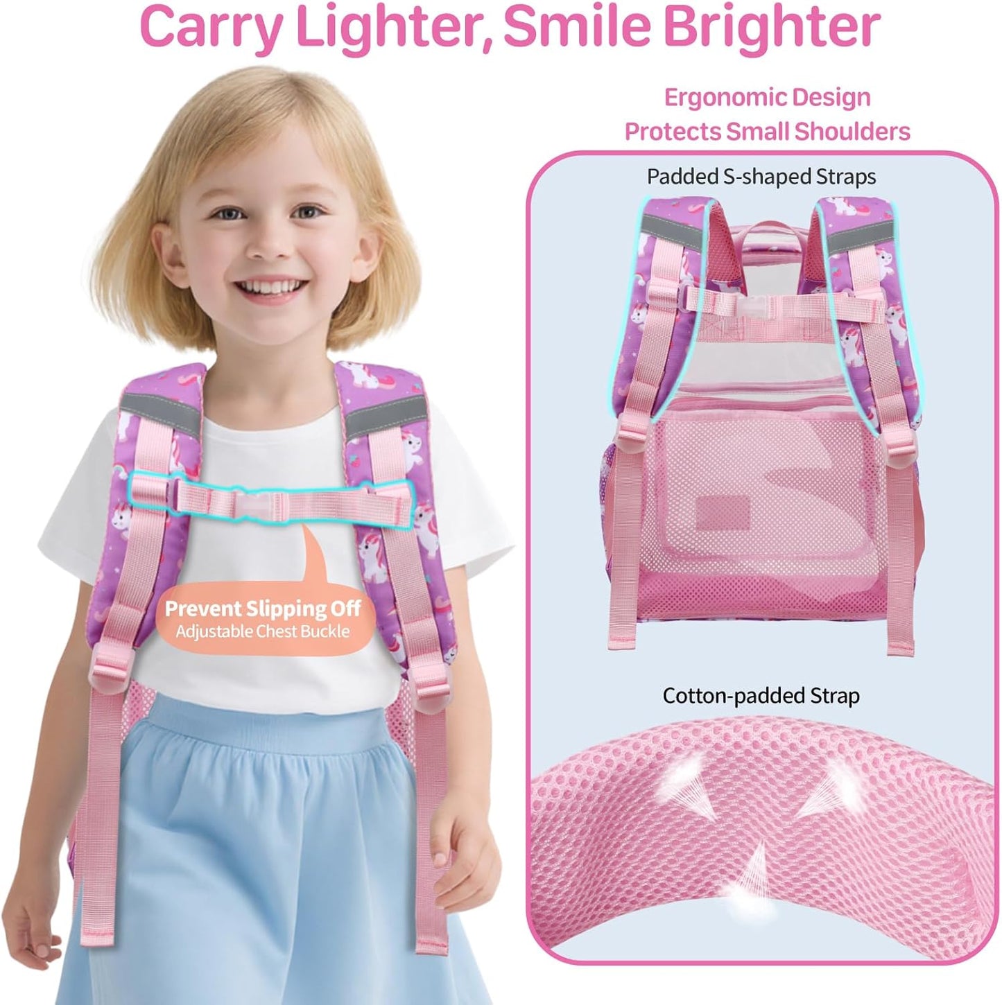 Bagseri Kids Clear Backpack Girls - 15 Inch Clear Bookbag for Kids Aged 3 to 8 Heavy Duty Transparent Backpack for School, Cute See Through Bag with Reflective Strip, Purple Unicorn