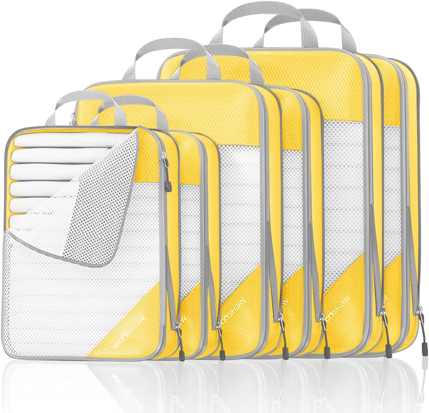 Compression Packing Cubes 6 Set, Compressible Space-Saving Packing Cubes for Travel - Compression Bags, Luggage Organizer, Travel Essentials for Women, Golden Yellow