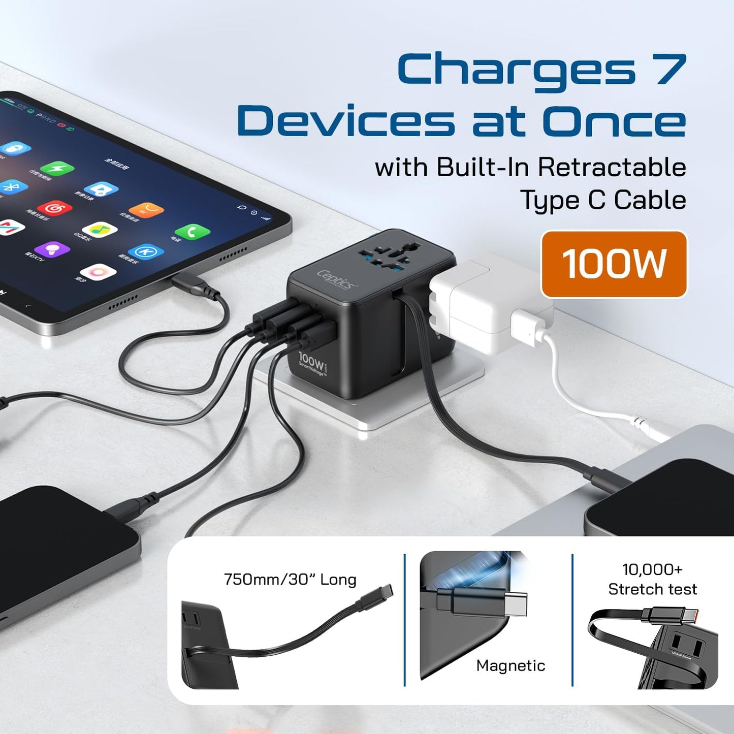 Ceptics GAN 100W Universal Travel Adapter with Retractable USB-C Cable, 2X USB-A & C, Universal Input and 1x USA/JP Input, 7 in 1 Universal Adapter for Worldwide Travel - Type A, C, G, I Output