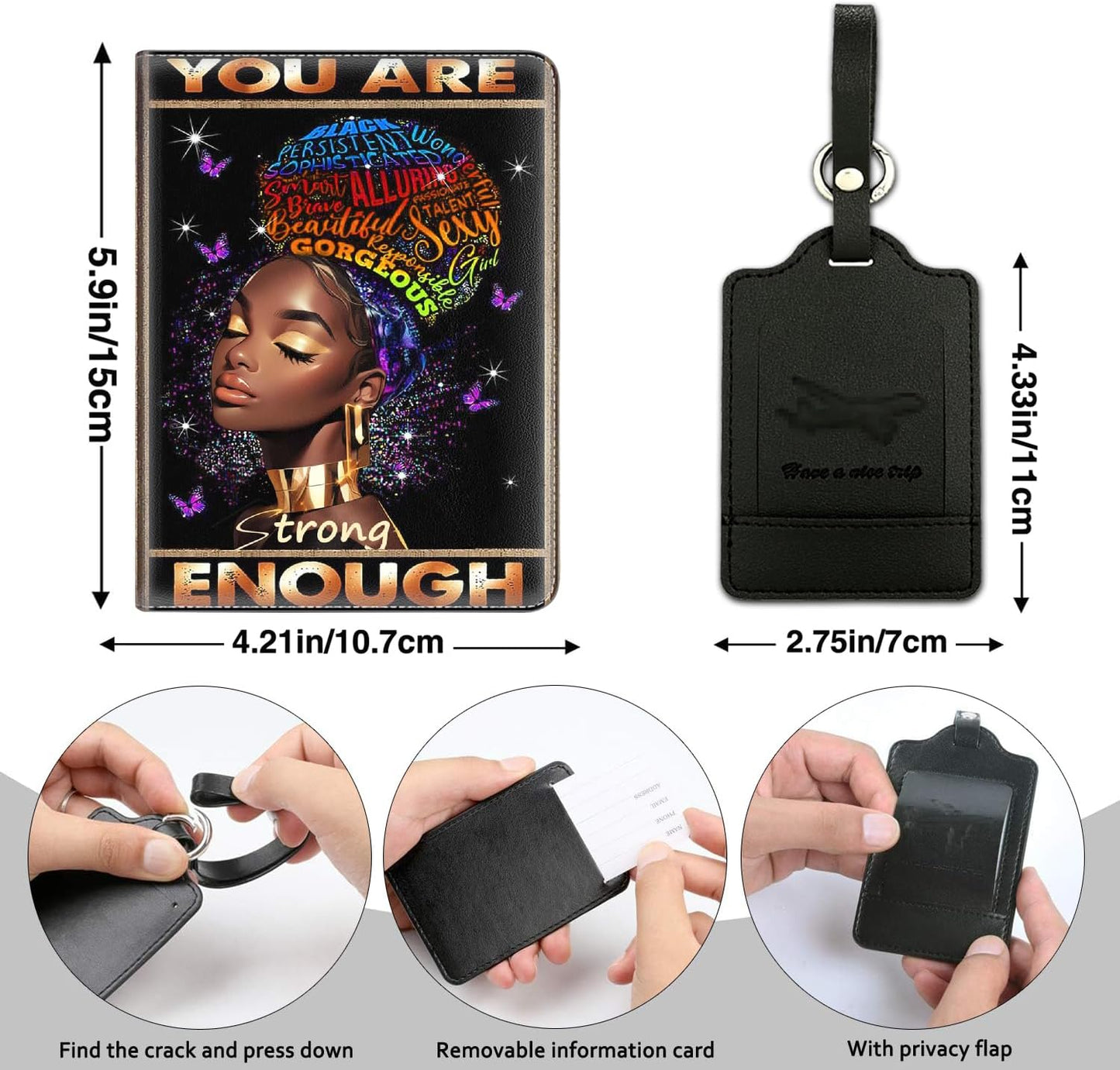 Passport Holder Women Wallet with Luggage Tag, Leather Passport Cover with RFID Blocking, Travel Accessories Multi Card Slot Passport Case for Men，Black Women Black Queen You Are Beautiful
