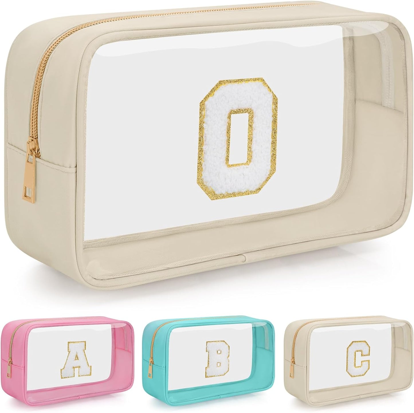Personalized Initial Clear Makeup Bag, Travel Chenille Patch Cosmetic Bag, Preppy Toiletry Bag Monogram Cosmetic Pouch with Zipper, Ideal Gift for Teen Girls Women (Clear-Beige, O)