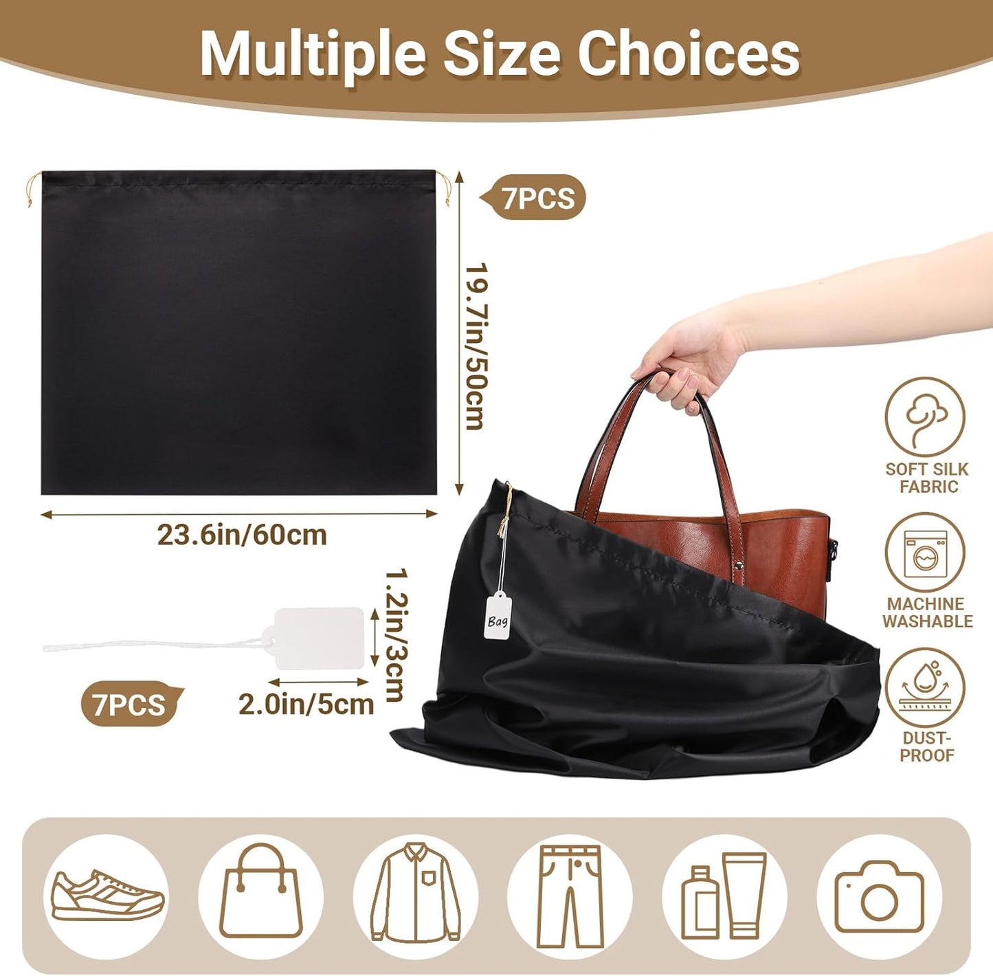 Ewen 23.6x19.6in Satin Dust Bags for Handbags, 7 Pack of Black Storage Bag for Shoes and Boots, Dustproof Silk Bags with Drawstring for Travel, Dust Cover Bag for Purse Clothing, Closet Organizers