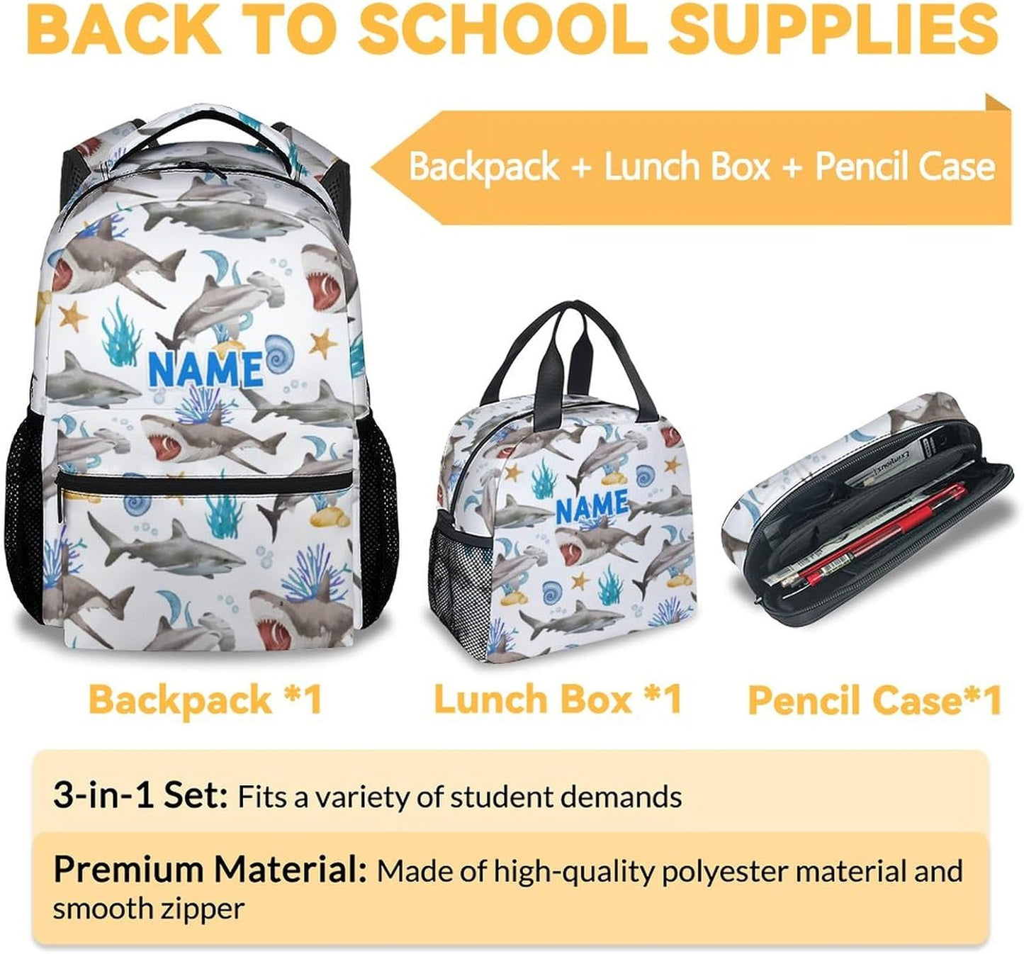 Custom Shark Backpack with Lunch Box, Set of 3 School Backpacks Matching Combo, Cute White Bookbag and Pencil Case Bundle