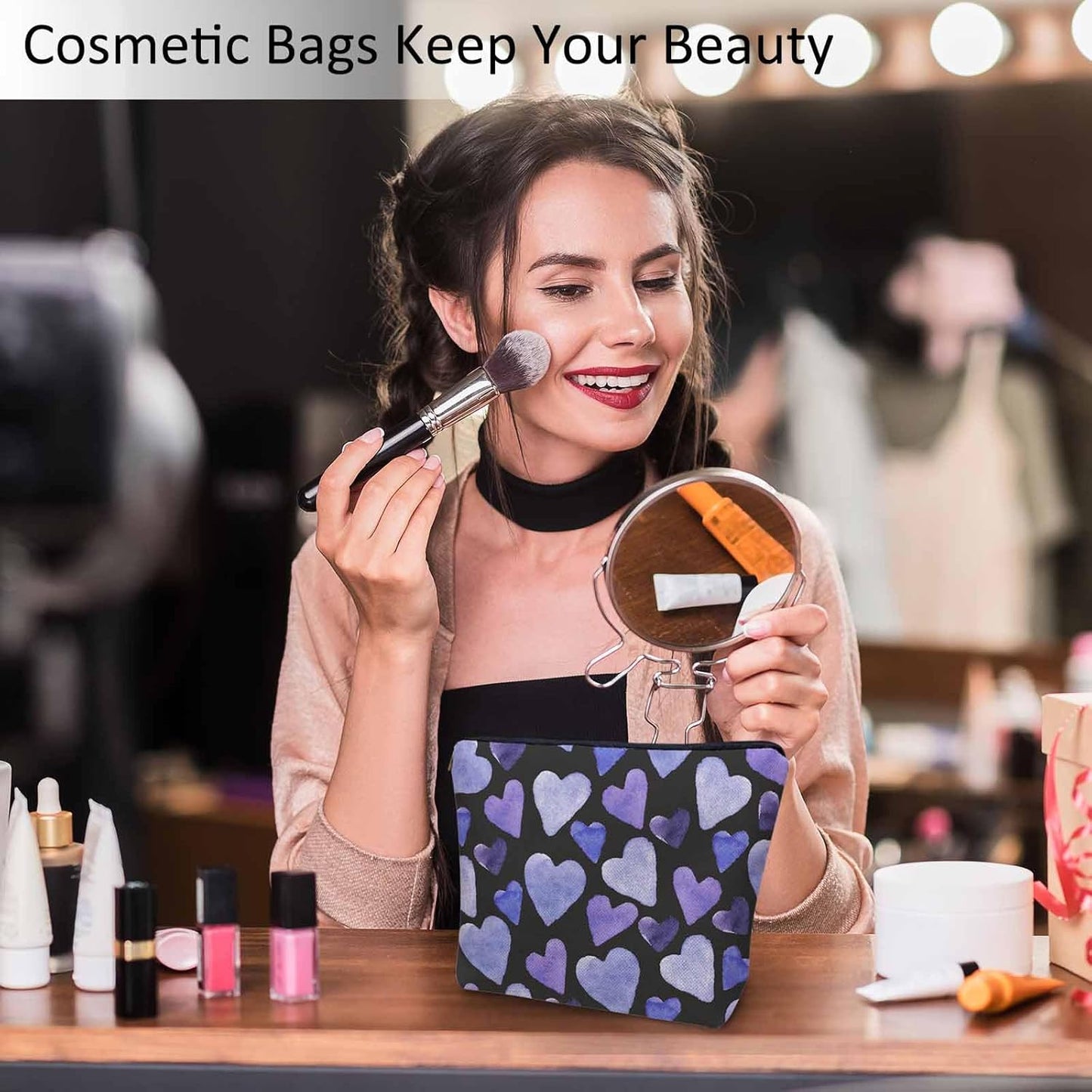 Women Makeup Organizer Bag Heart Watercolor Love Hearts Blue Purple Flax Cosmetic Bag Makeup Bags