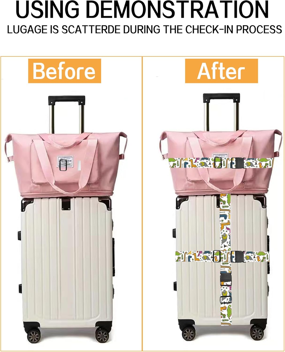 Luggage Straps for Suitcases, Adjustable Travel Belt, Durable Wide Luggage Strap, Cute Suitcase Strap Identifiers with Buckle, Bag Straps for Luggage, Cute Dinosaurs