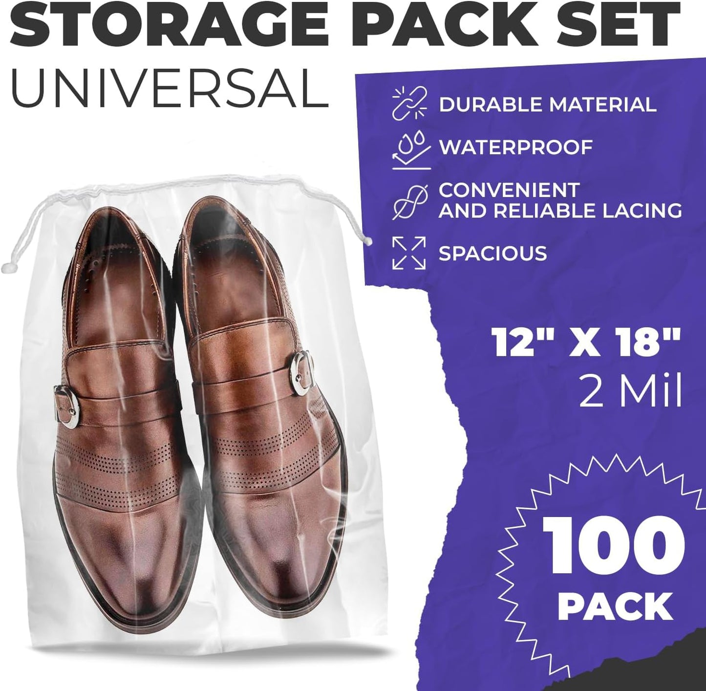 Clear Drawstring Bag, 12 x 18 Inches. Pack of 100 Clear Plastic Drawstring Bags. Waterproof 2 Mil Polyethylene Travel Bags for Shoes. Transparent Draw String Bag for Cosmetics, Toiletries