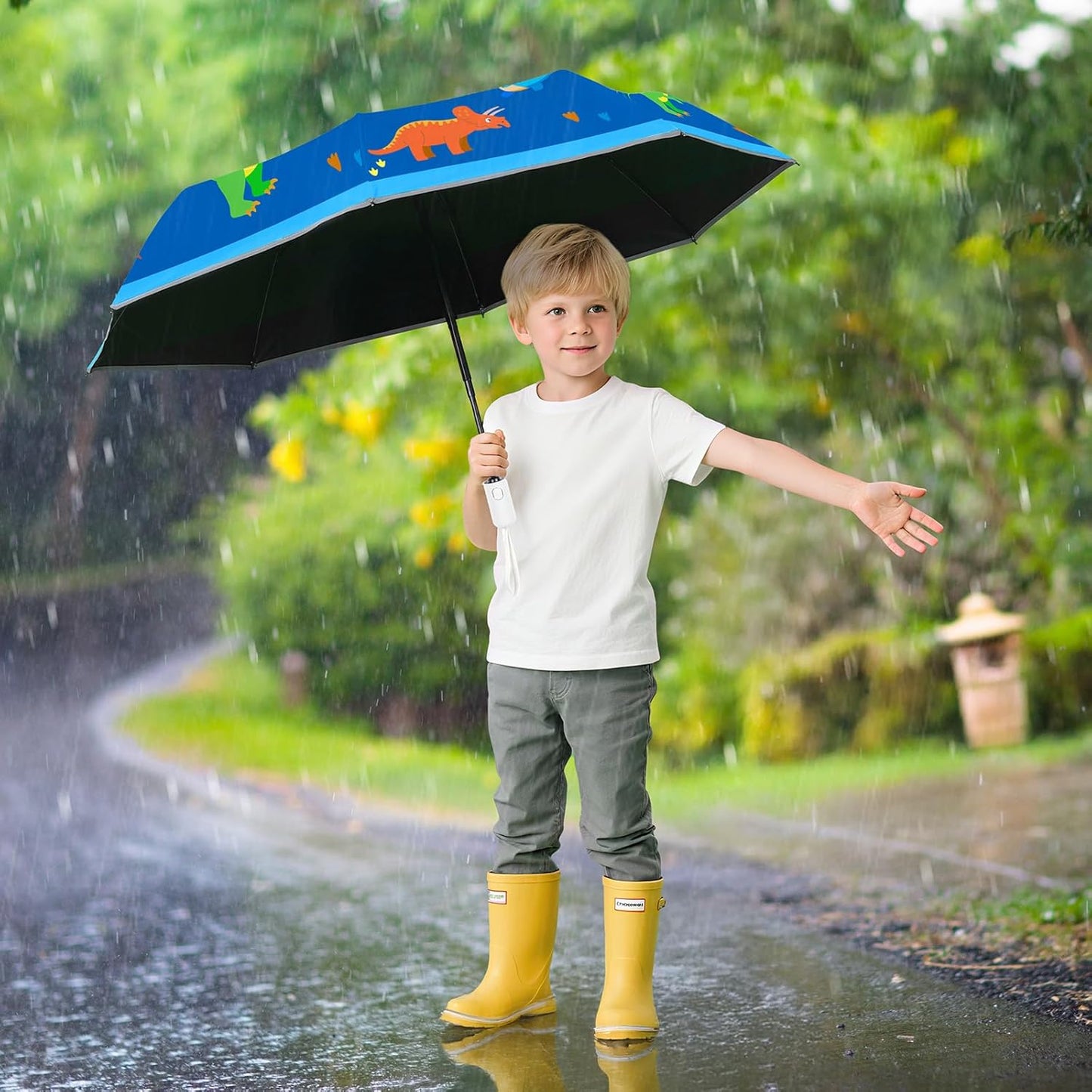 Autoamtic Kids Umbrella UV Resistant, Folding Compact Umbrella 360° Reflective Strip for Travel Outdoor, Lightweight Cute Kids Parasol Anti-rebound Safe for Toddler