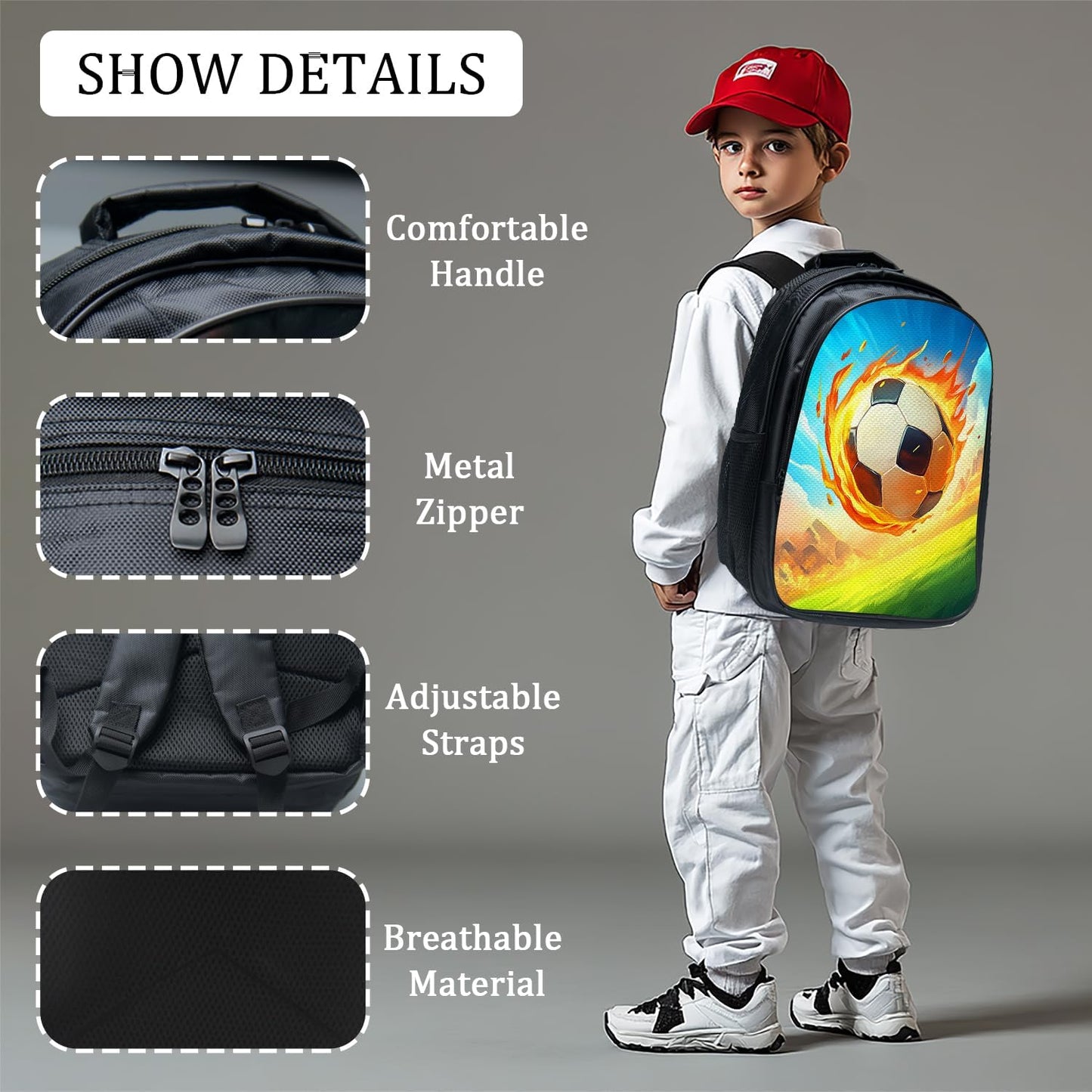 Soccer Backpack School Bag 3PCS Backpack 16 Inch with Lunch Bag Set Lightweight for Teen Boys Girls Kids Elementary Middle School