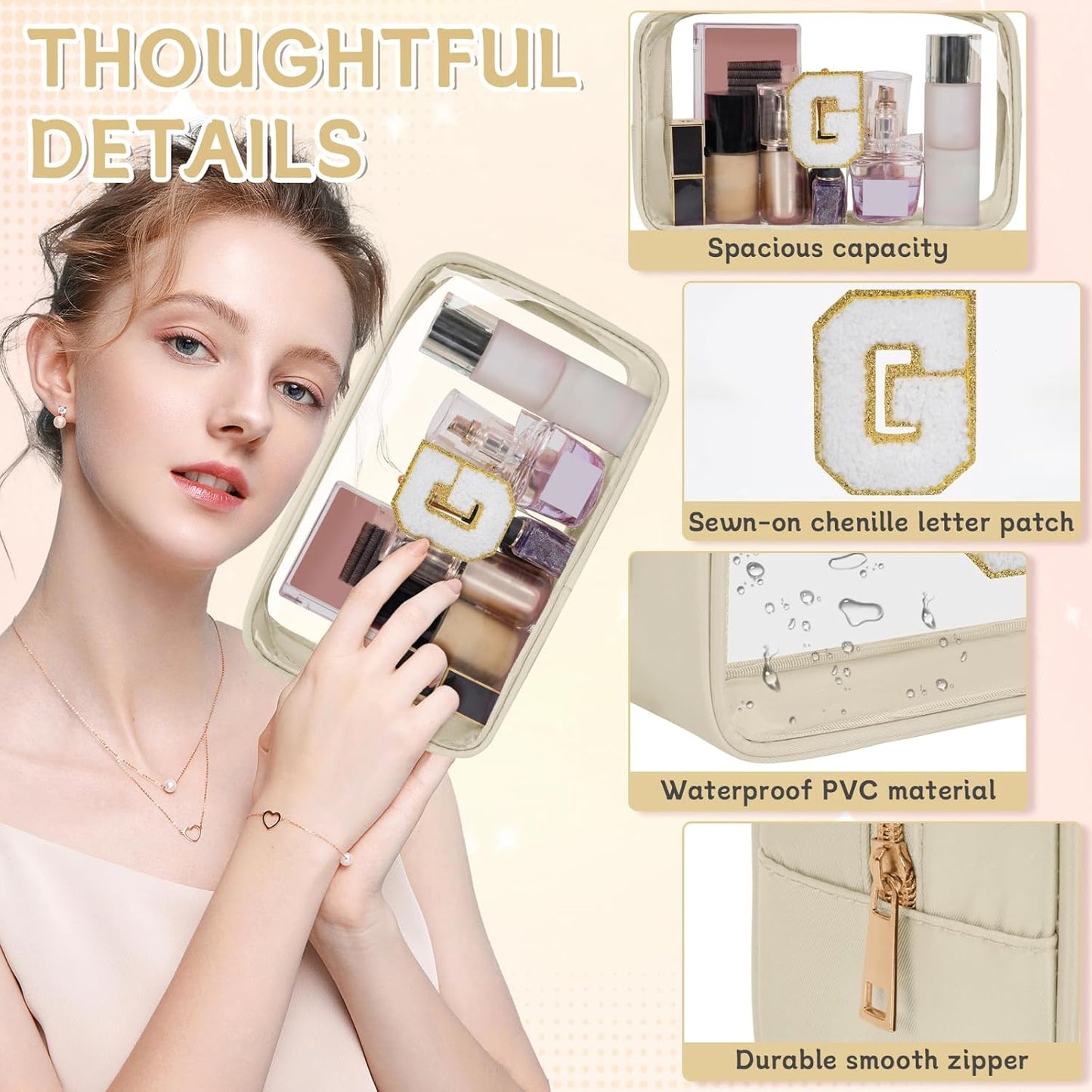 Personalized Initial Clear Makeup Bag, Travel Chenille Patch Cosmetic Bag, Preppy Toiletry Bag Monogram Cosmetic Pouch with Zipper, Ideal Gift for Teen Girls Women (Clear-Beige, G)
