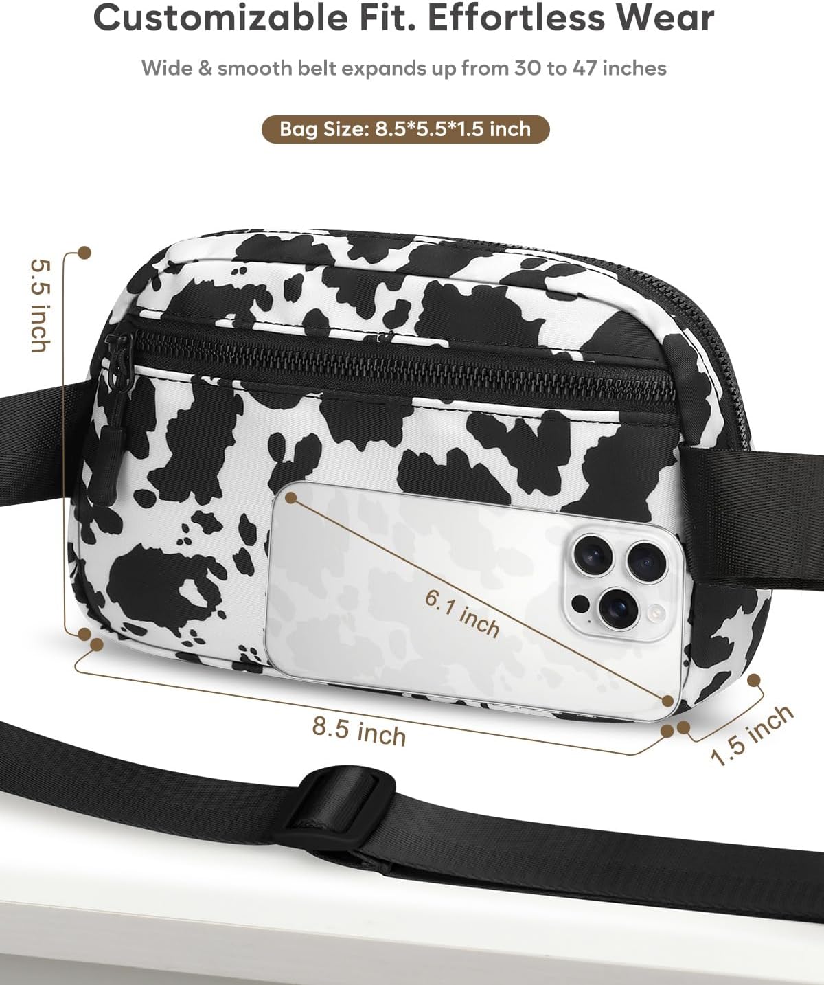 Fanny Packs for Women Cross Body Bag Waterproof Belt Bag with Adjustable Strap and Zipper Back Pocket Small Crossbody Bags Fashion Waist Packs for Workout Travelling(Cow Print)