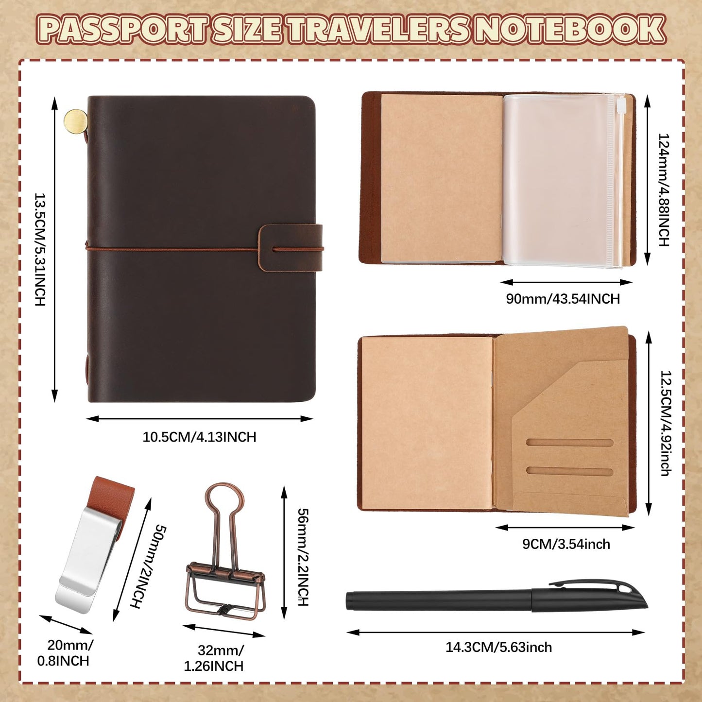 Thenshop Leather Travel Notebook 3 Inserts,Dark Brown,Passport Size