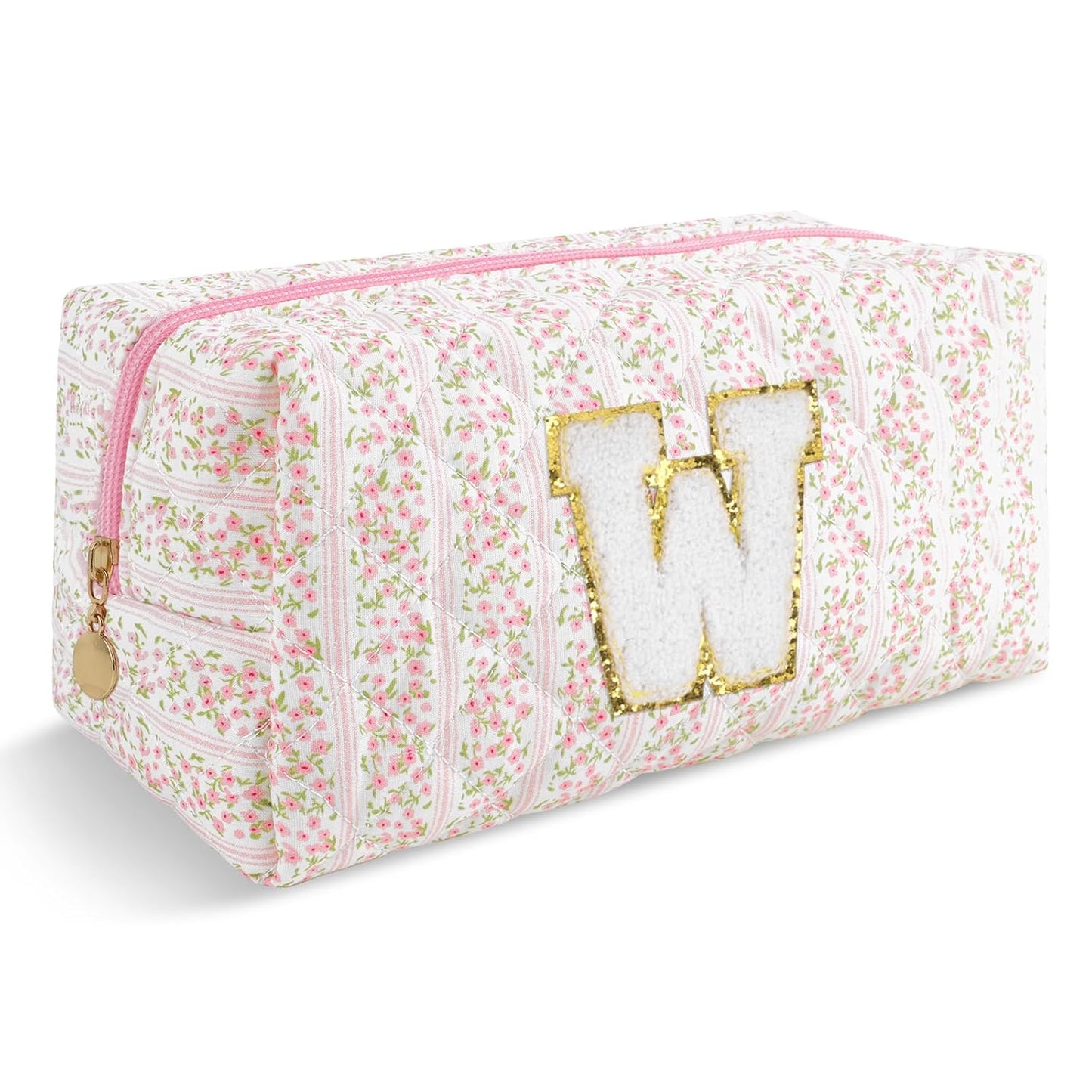Personalized Quilted Cosmetic Bag, Puffy Monogrammed Christmas Birthday Gifts for Women & Girls, Cute initial Floral Makeup Bag Puffer Coquette Bag, Aesthetic Travel Toiletry Zipper Pouch(Pink,W)