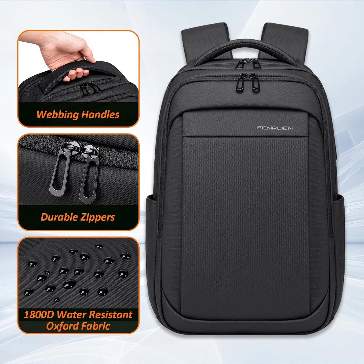 FENRUIEN Expandable Travel Backpack for Men, Water Resistant Computer Backpack with USB Charging Port，Black Laptop Bag 15.6 Inch