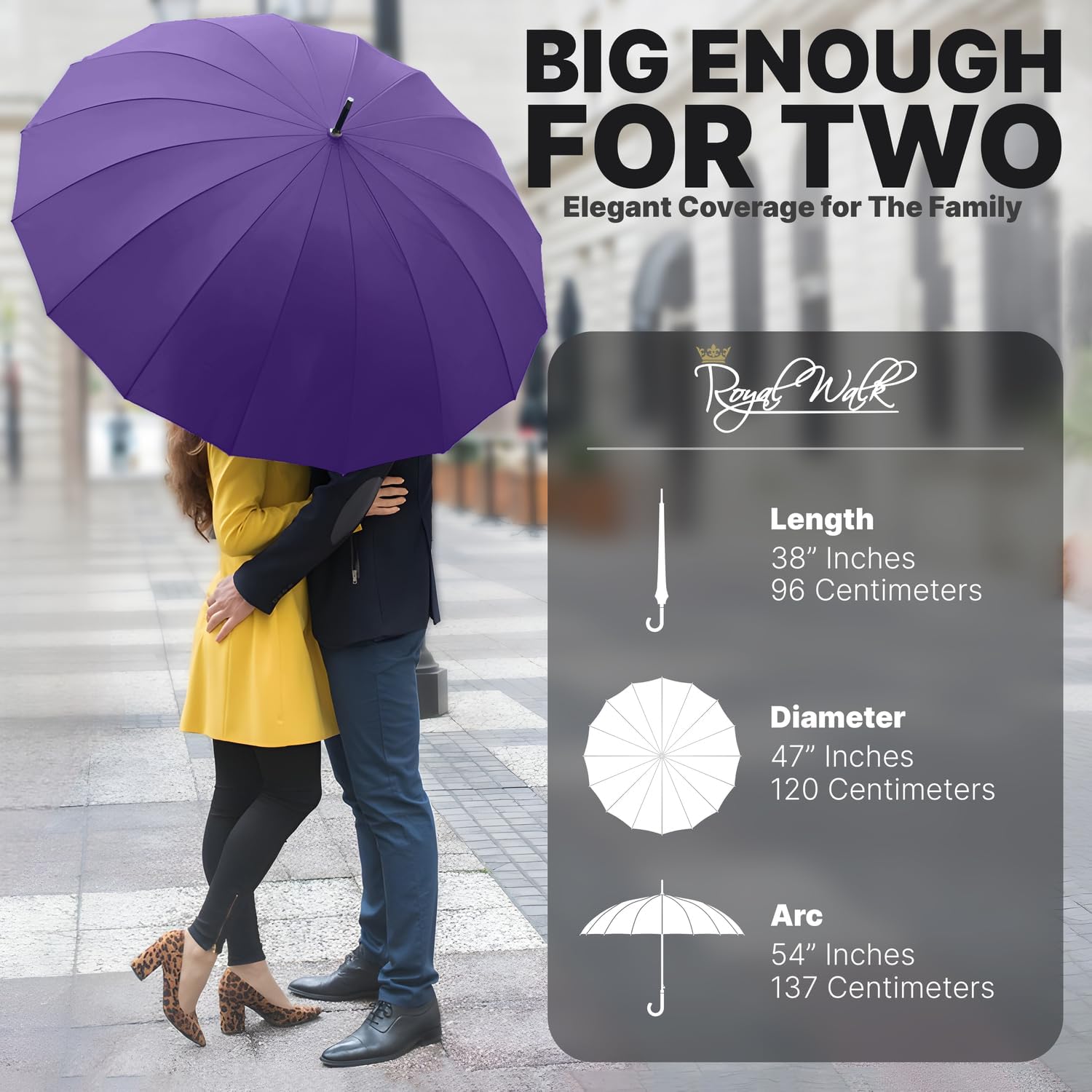 Royal Walk Windproof Large Umbrella for Rain 54 Inch Automatic Open for 2 Persons Wind Resistant