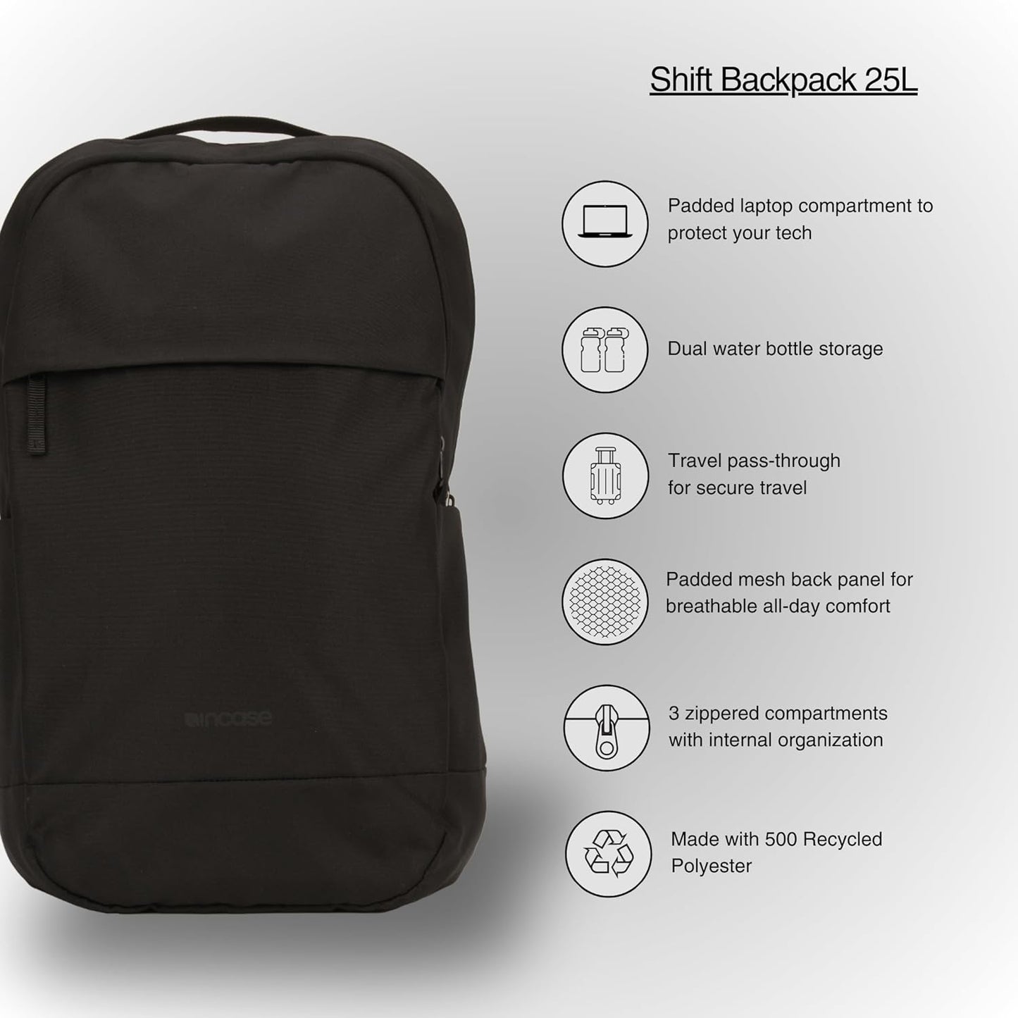 Incase Shift Backpack – 25L Commuter Tech Backpack with Padded Laptop Compartment for School or Work — Quick Access Pocket, Water Bottle Holders, Lightweight Everyday Carry Travel Essentials