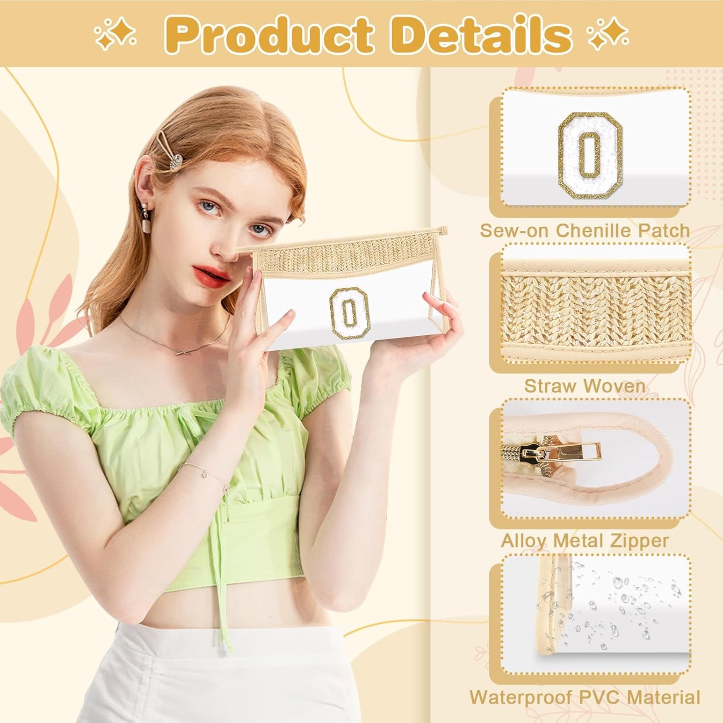 Personalized Initial Letter Bag Boho Straw Clear Makeup Bag,Small Cute Chenille Varsity Letter