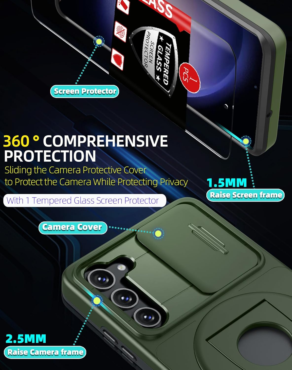 for Samsung Galaxy S23 Plus Case Magnetic Compatible with MagSafe Wireless Charging,with Screen Protector,for S23+Plus Case with Stand Ring+Camera Cover Shockproof Heavy Duty Protection Green
