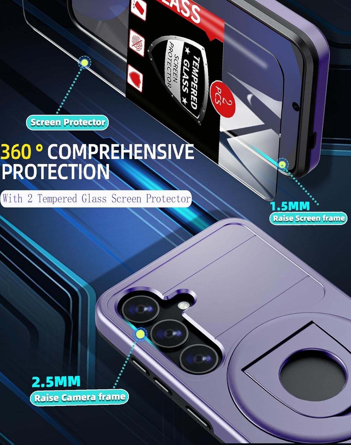 for Samsung Galaxy S24 FE Case Magnetic Compatible with MagSafe Wireless Charging,with 2 Screen Protectors,for S24 FE Case with Stand Ring Anti-Scratch Shockproof Heavy Duty Protection Purple