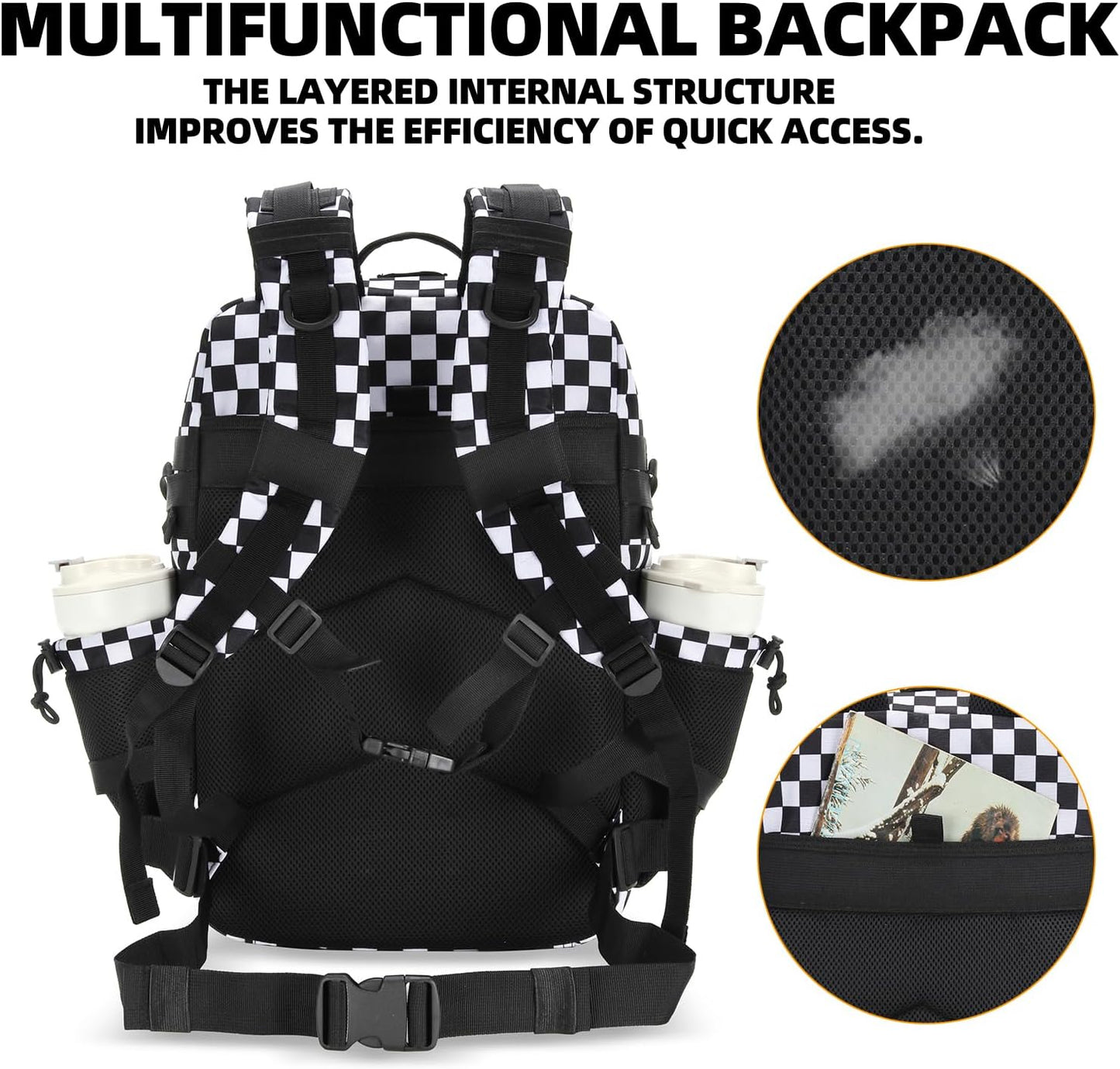 25L Tactical Military Backpack Small Travel Rucksack for Men and Women Assault Pack Bug Out Bag Molle Daypack Gym Backpack with Bottle Holder (Black White Checkered)