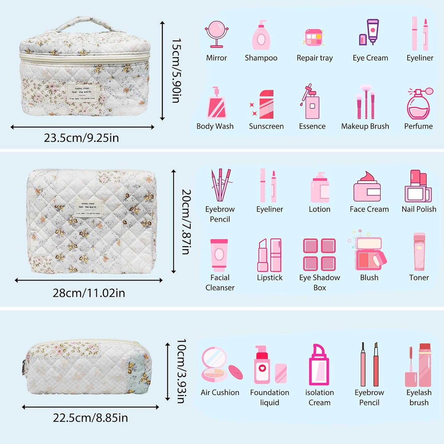 Quilted Makeup Bag, Large Capacity Travel Cosmetic Bag for Women and Girls, Aesthetic Storage for Daily and Travel Use (3pcs-overfloral)