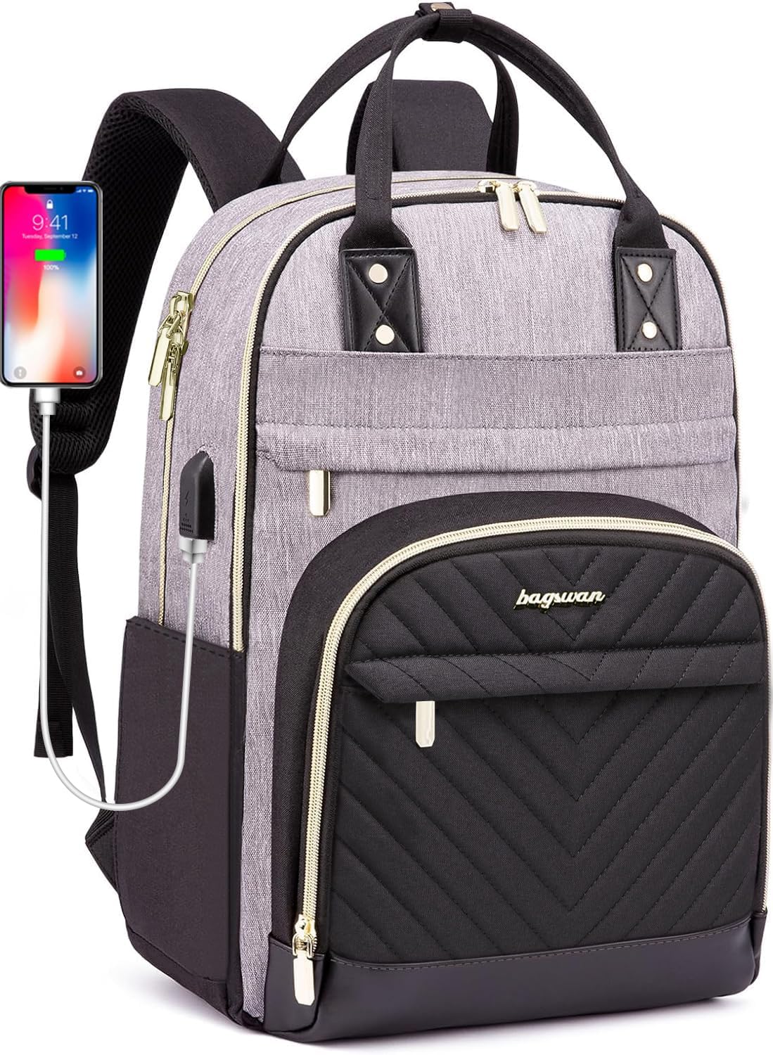 Laptop Backpack for Women Work Bag: College Backpacks 17.3 Inch with USB Charger School Book Bag Travel Computer Back Pack Casual Bookbags for Girls Teacher Black Grey