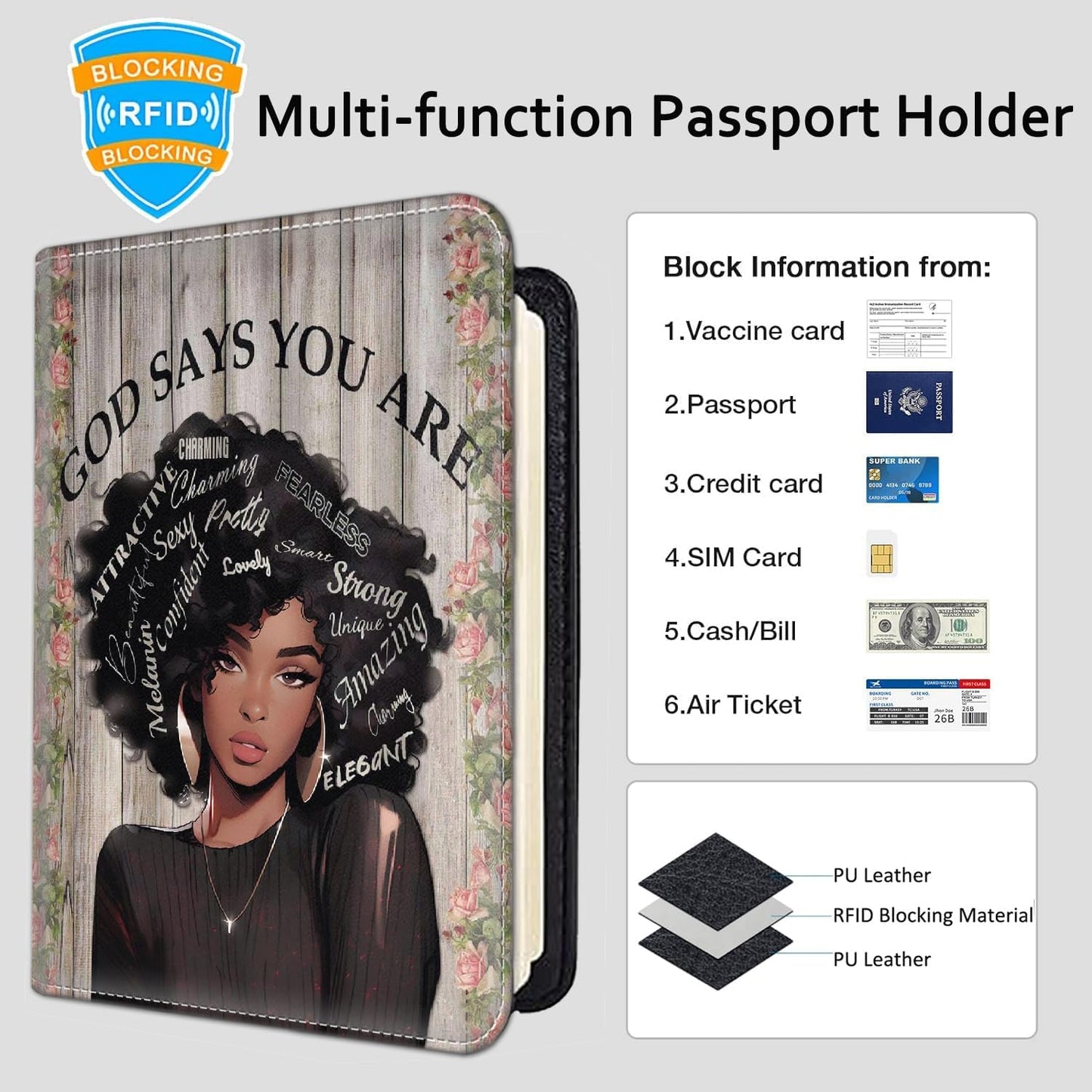 Passport Holder Women Wallet with Luggage Tag, Leather Passport Cover with RFID Blocking, Travel Accessories Multi Card Slot Passport Case for Men，African Girls Inspirational Quotes