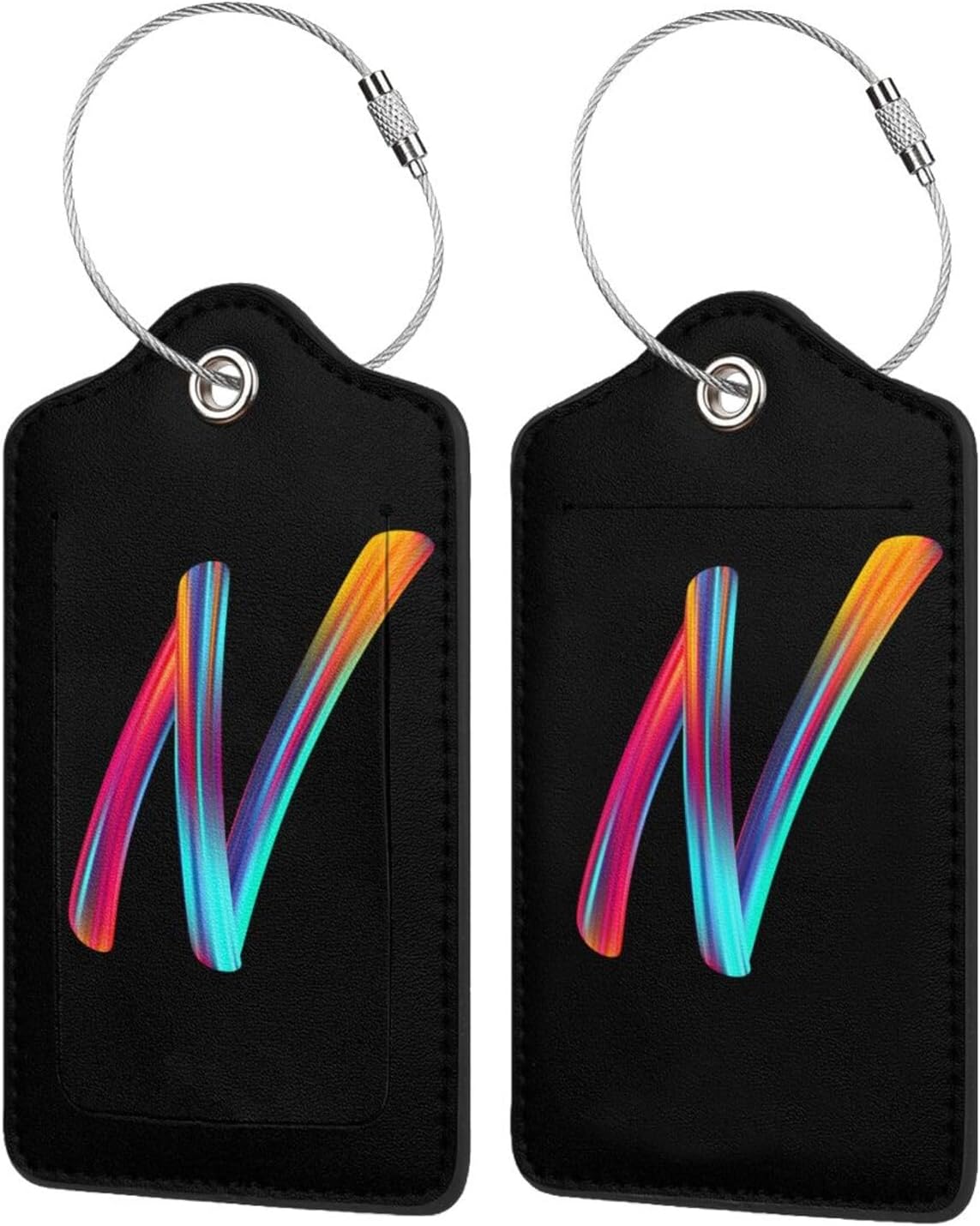 2 Pack Initial Luggage Tags for Suitcase, Colorful Letter Design Cruise Name Bag Tags, Novelty Baggage Identifiers with Full Privacy Cover, Leather ID Label for Women Men Kids Travel, Rainbow Letter N