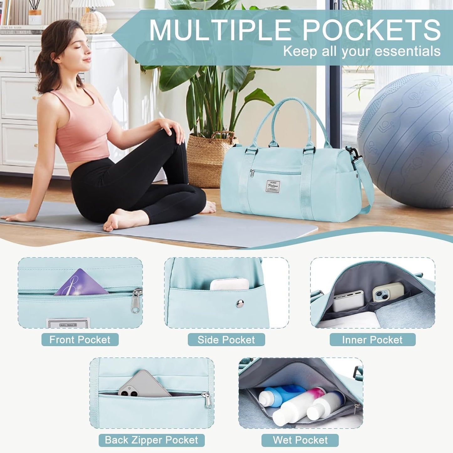 Gym Bag for Women with Shoes Compartment,Small Travel Duffel Bag with Toiletry Bags Sport Tote Overnight Weekender Carry on Personal Item Bags for Airlines Ligh Blue