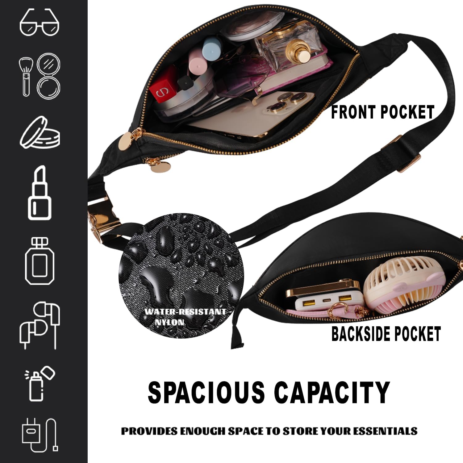 Fanny Pack Crossbody for Women Nylon Travel Waist Belt Bag (Black)